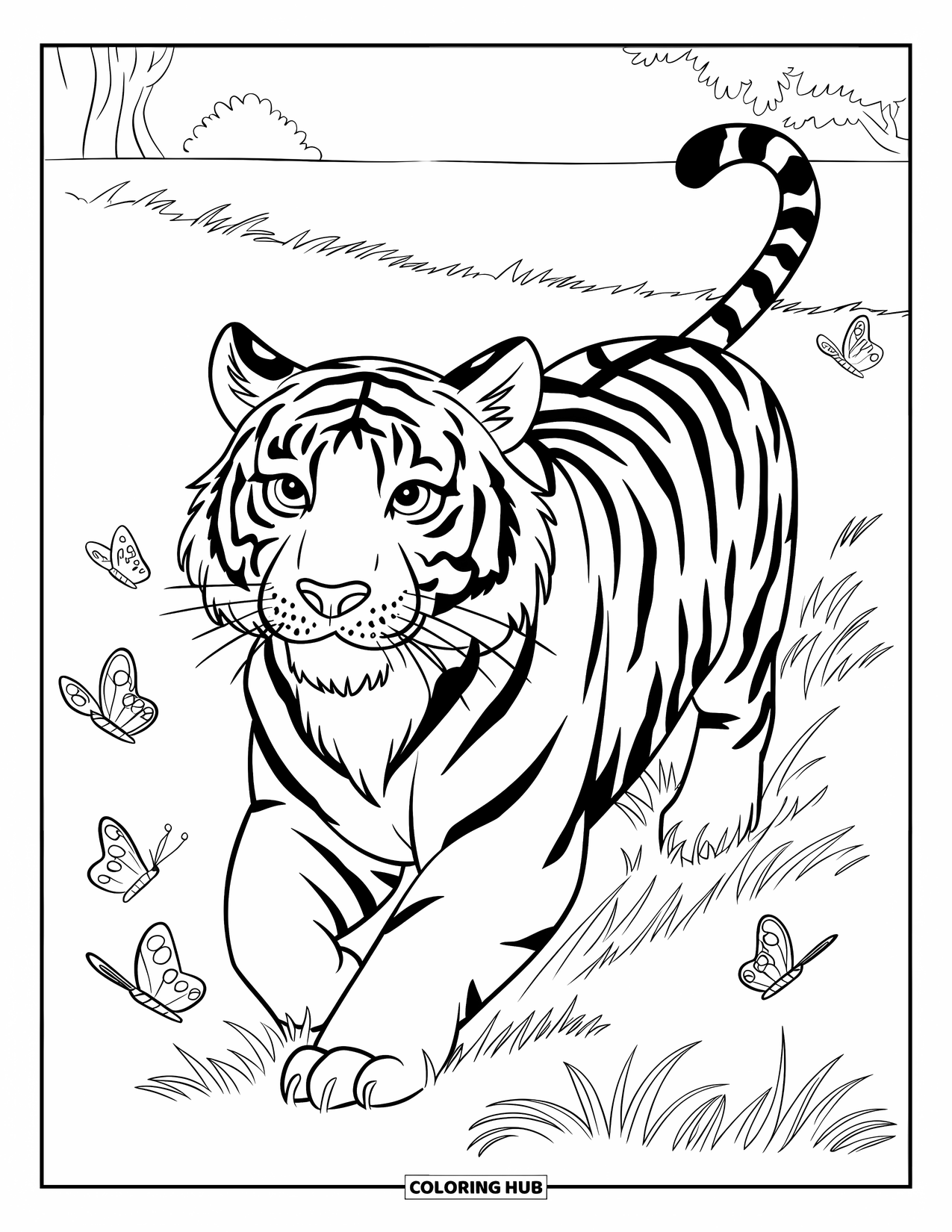 Disegno di tigre da colorare per bambini: Una tigre che corre attraverso un campo erboso, giocosamente circondata da farfalle svolazzanti