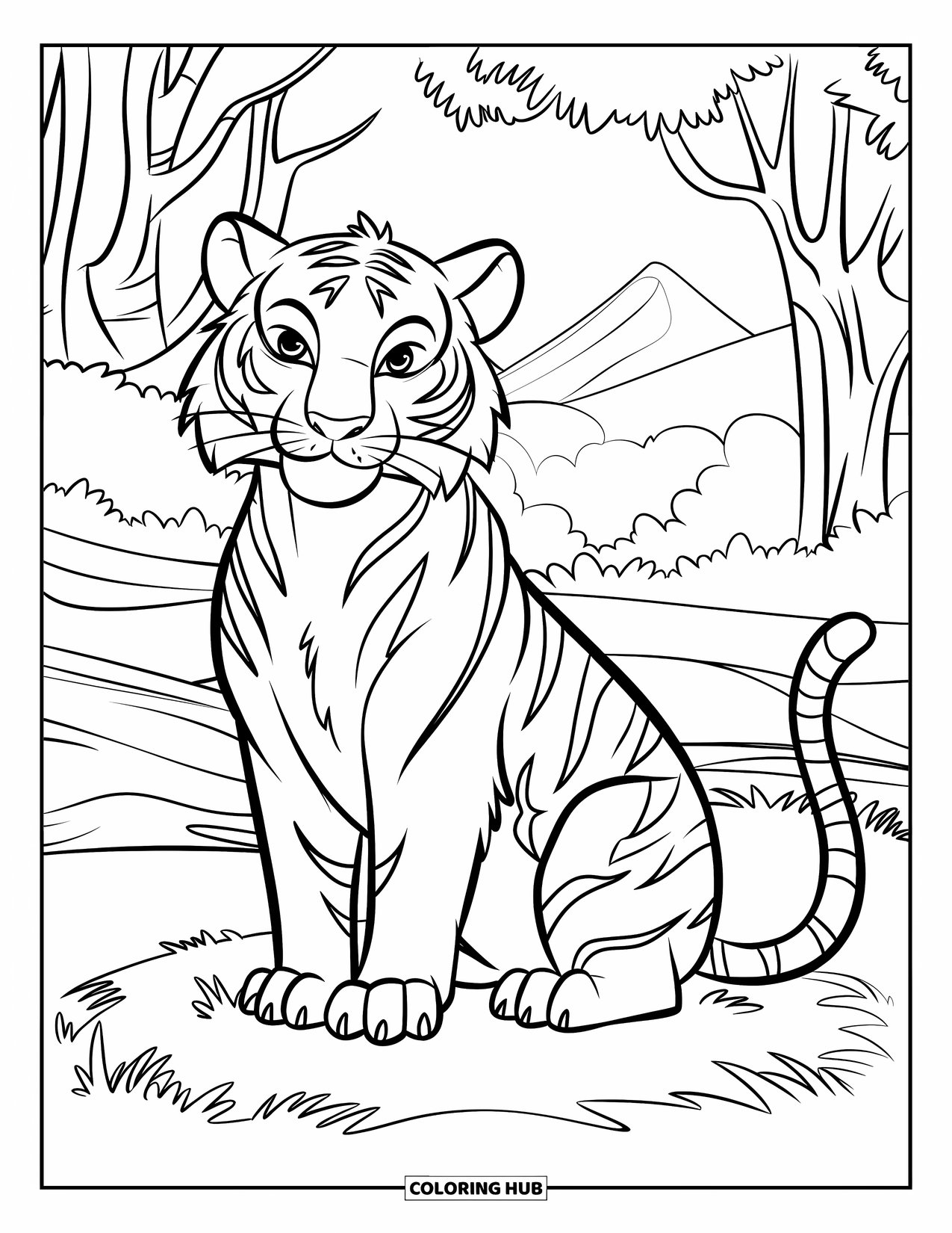 Disegno di tigre da colorare per bambini: Una tigre seduta in una foresta tranquilla, circondata da alberi alti ed erba soffice e ondulata