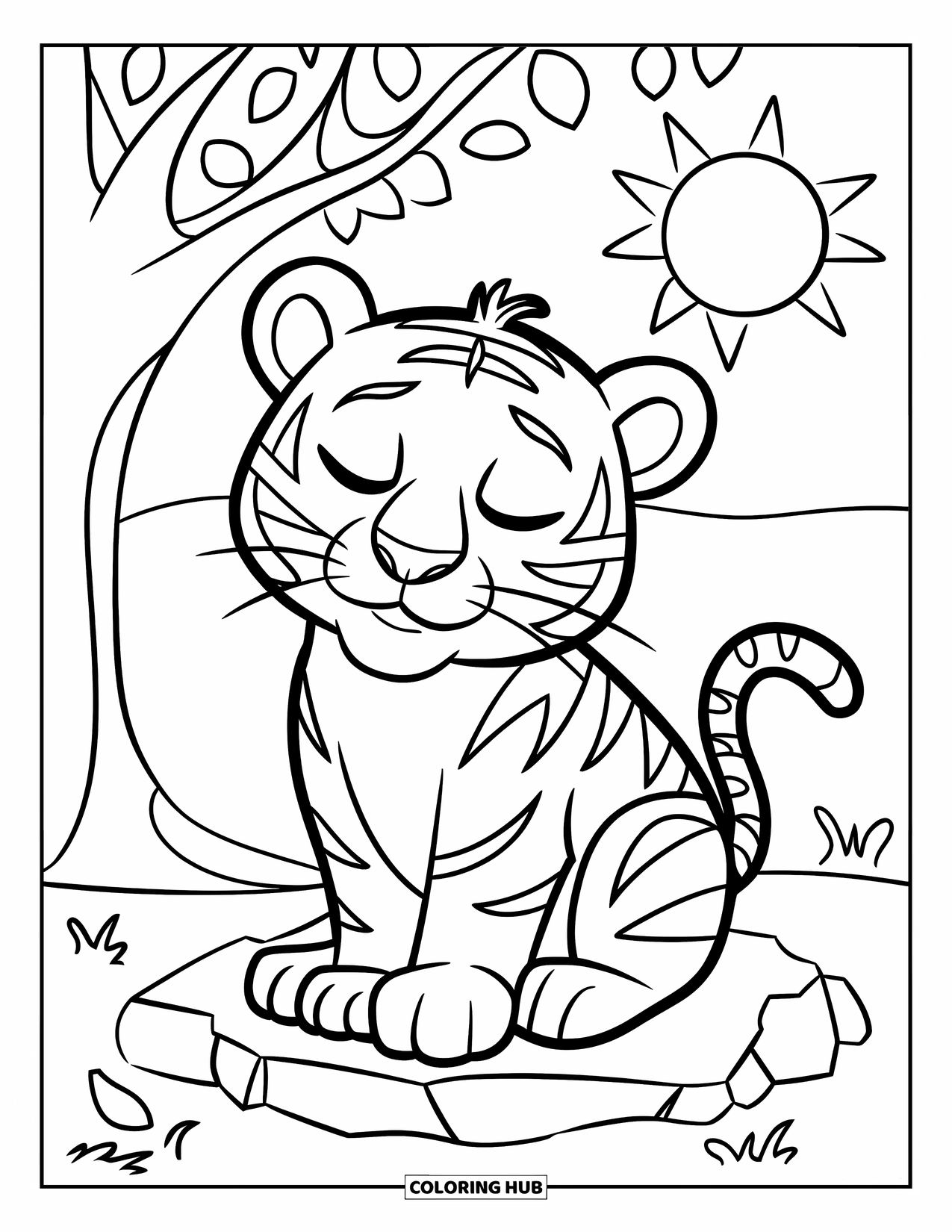Disegno di tigre da colorare per bambini: Una tigre seduta sotto un albero, che sorride contenta con un caldo sole sullo sfondo