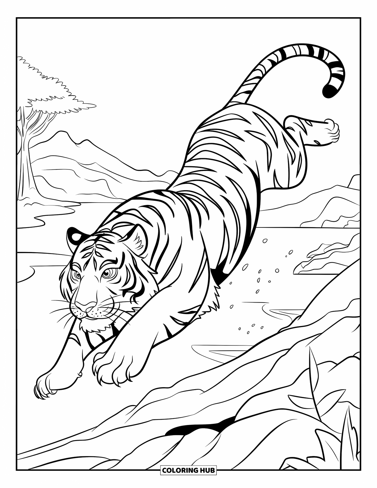 Disegno di tigre da colorare per bambini: Una tigre che si libra su una sporgenza rocciosa, il suo movimento aggraziato che si fonde con la potenza della natura