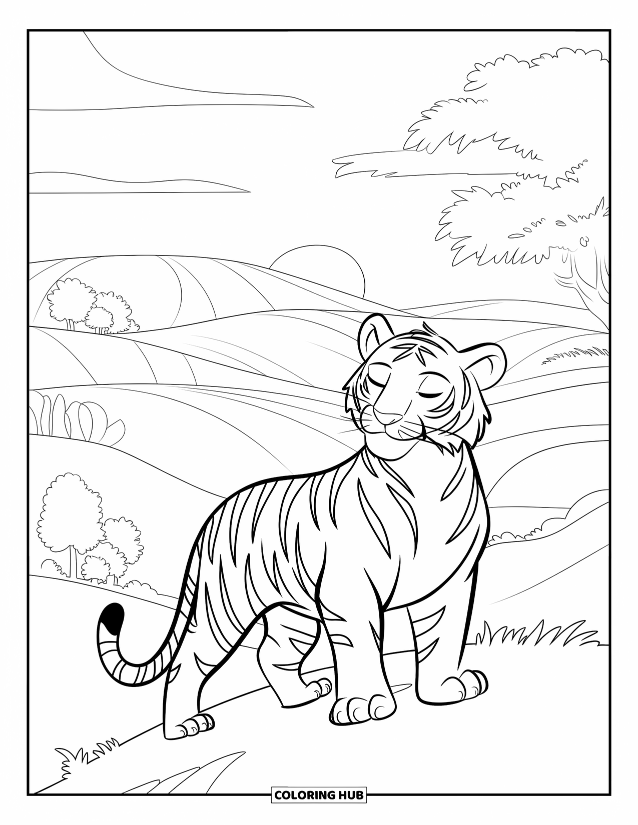 Disegno di tigre da colorare per bambini: Una tigre in piedi su una collina, con gli occhi chiusi mentre si gode la tranquilla brezza del tramonto