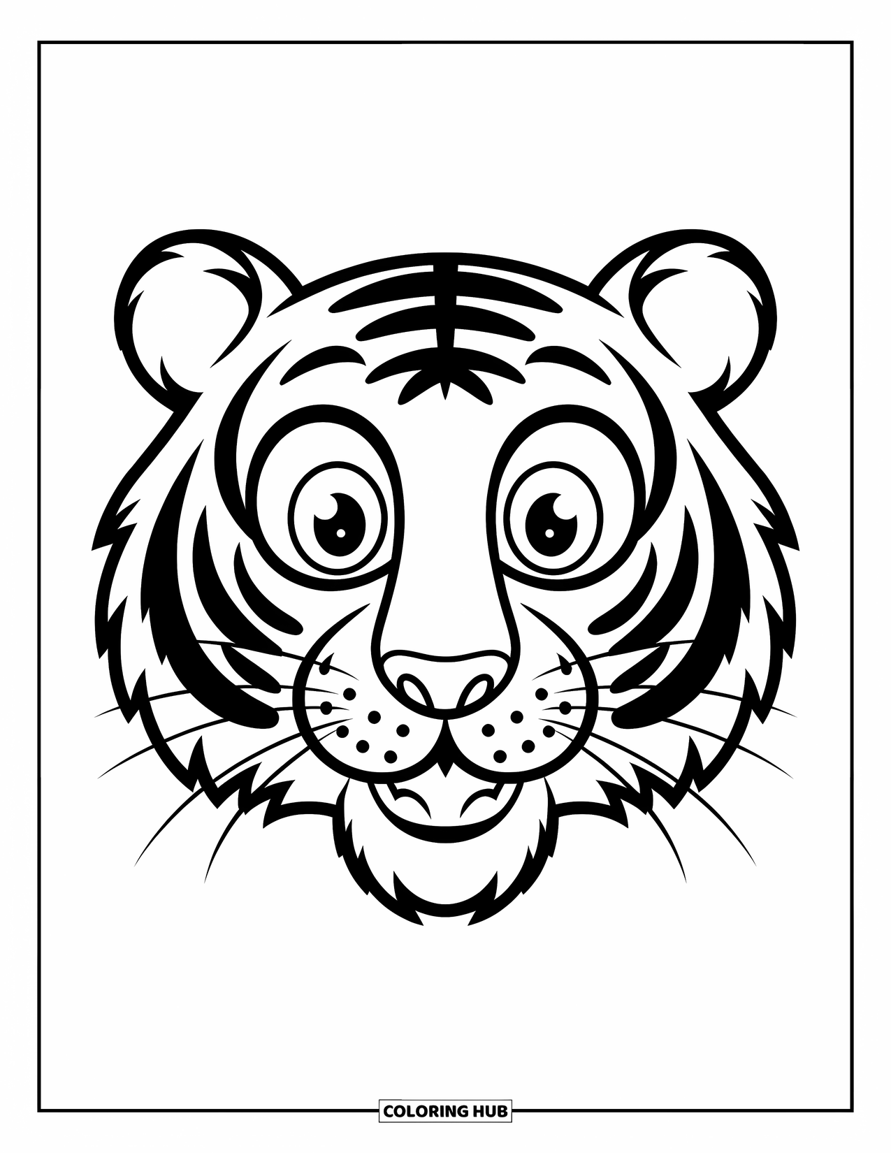 Disegno di tigre da colorare per bambini: Il volto di una tigre con grandi occhi rotondi e un sorriso amichevole, delineato in modo audace per colorare