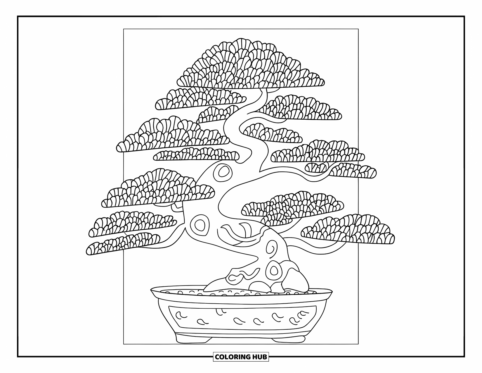 Desen de colorat cu copac pentru adulți: Un bonsai cu ramuri curbate într-un ghiveci decorativ, cu modele complicate
