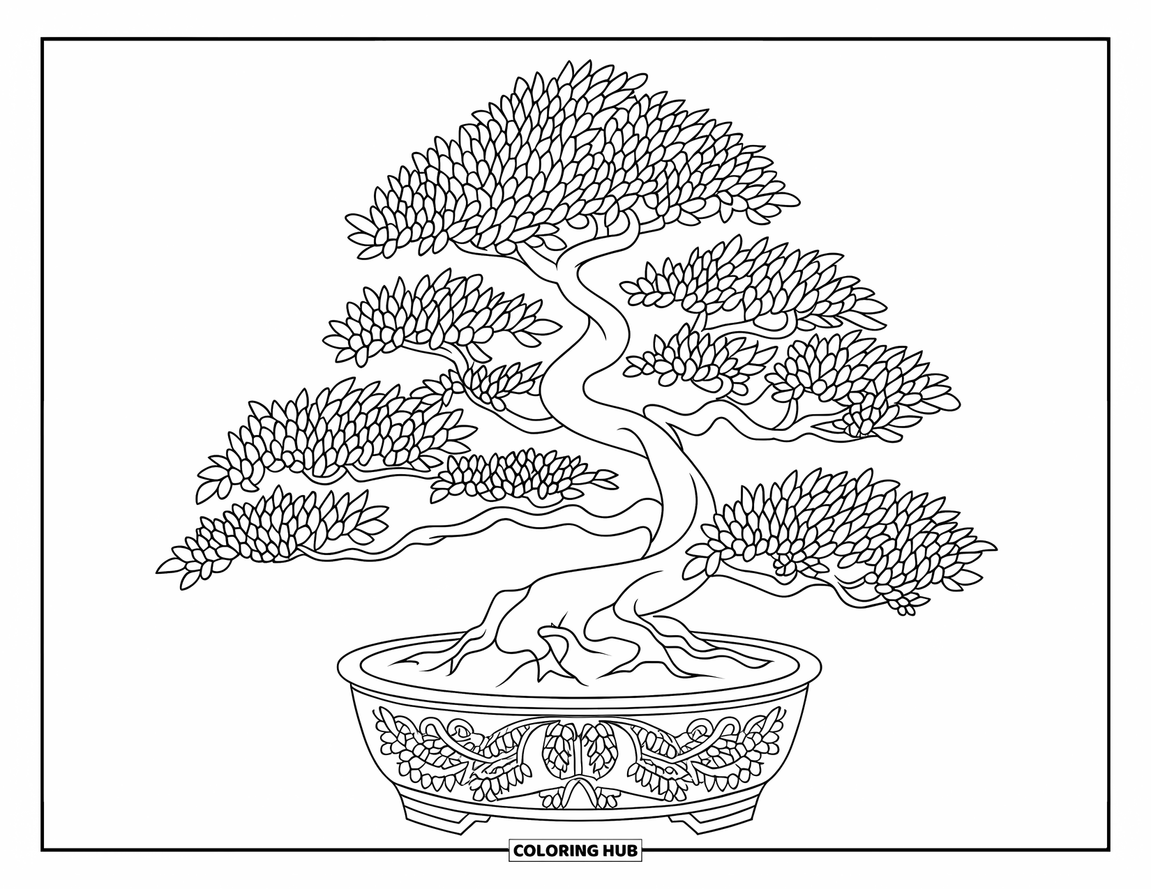 Desen de colorat cu copac pentru adulți: Un bonsai cu ramuri multiple și modele complicate pe o suprafață texturată