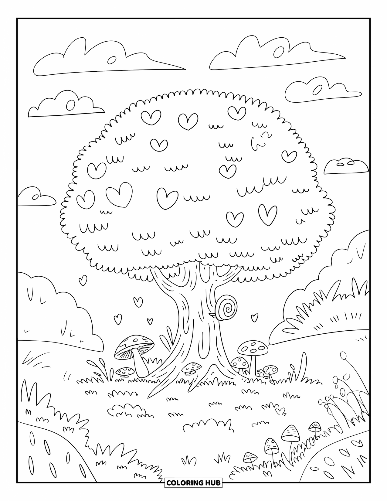 Desen de colorat cu copac pentru adulți: Un copac tufos cu frunze în formă de inimă, ciuperci, un melc și o zonă moale cu iarbă în jurul lui