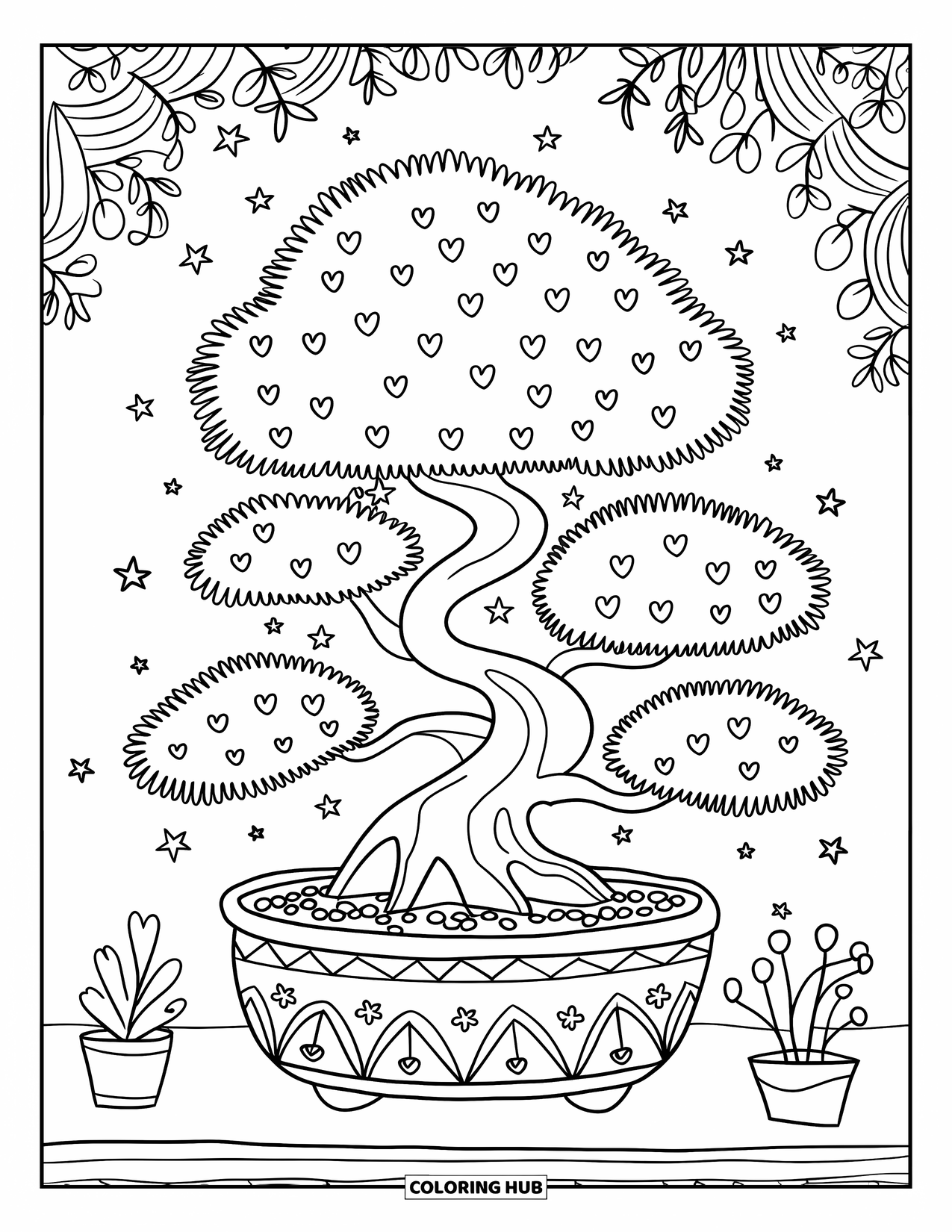 Desen de colorat cu copac pentru adulți: Un bonsai dolofan într-un ghiveci decorativ cu frunze în formă de inimă, stele și plante în ghivece