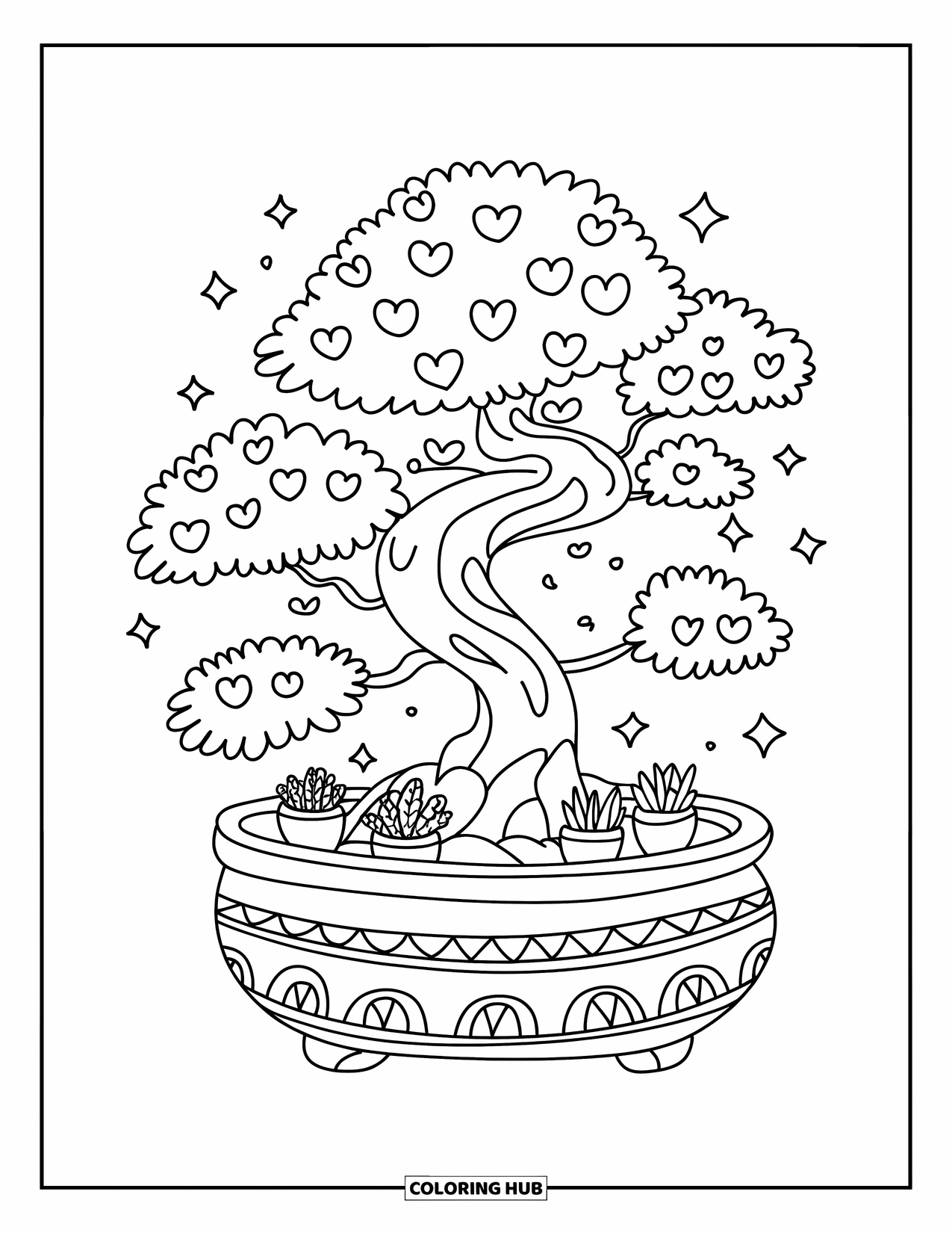 Desen de colorat cu copac pentru adulți: Un bonsai dolofan cu frunze în formă de inimă, stele plutind în jur și plante mici în ghivece