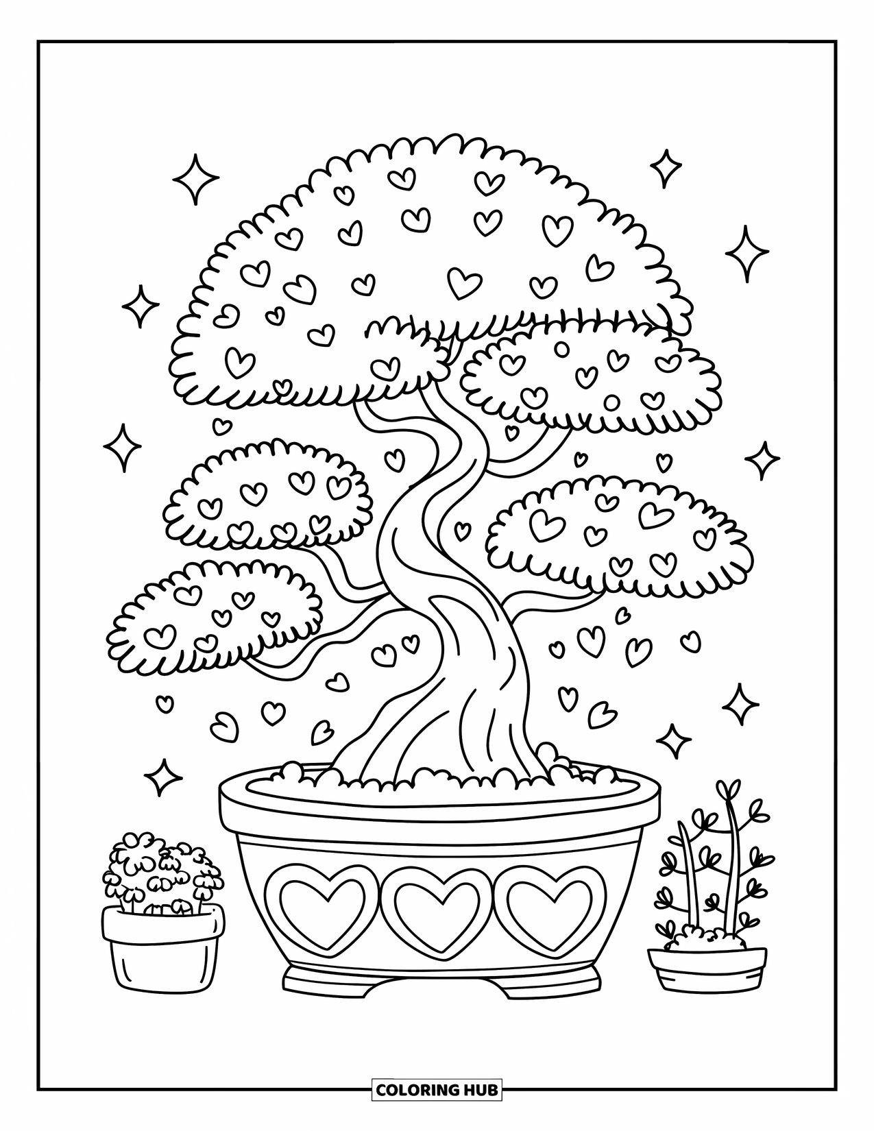 Desen de colorat cu copac pentru adulți: Un bonsai dolofan cu frunze în formă de inimă, steluțe și plante în ghivece la baza sa