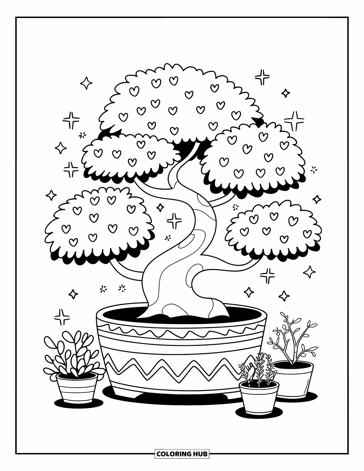 Desen de colorat cu copac pentru adulți: Un bonsai dolofan cu frunze în formă de inimă, steluțe și plante mici în ghivece la baza sa