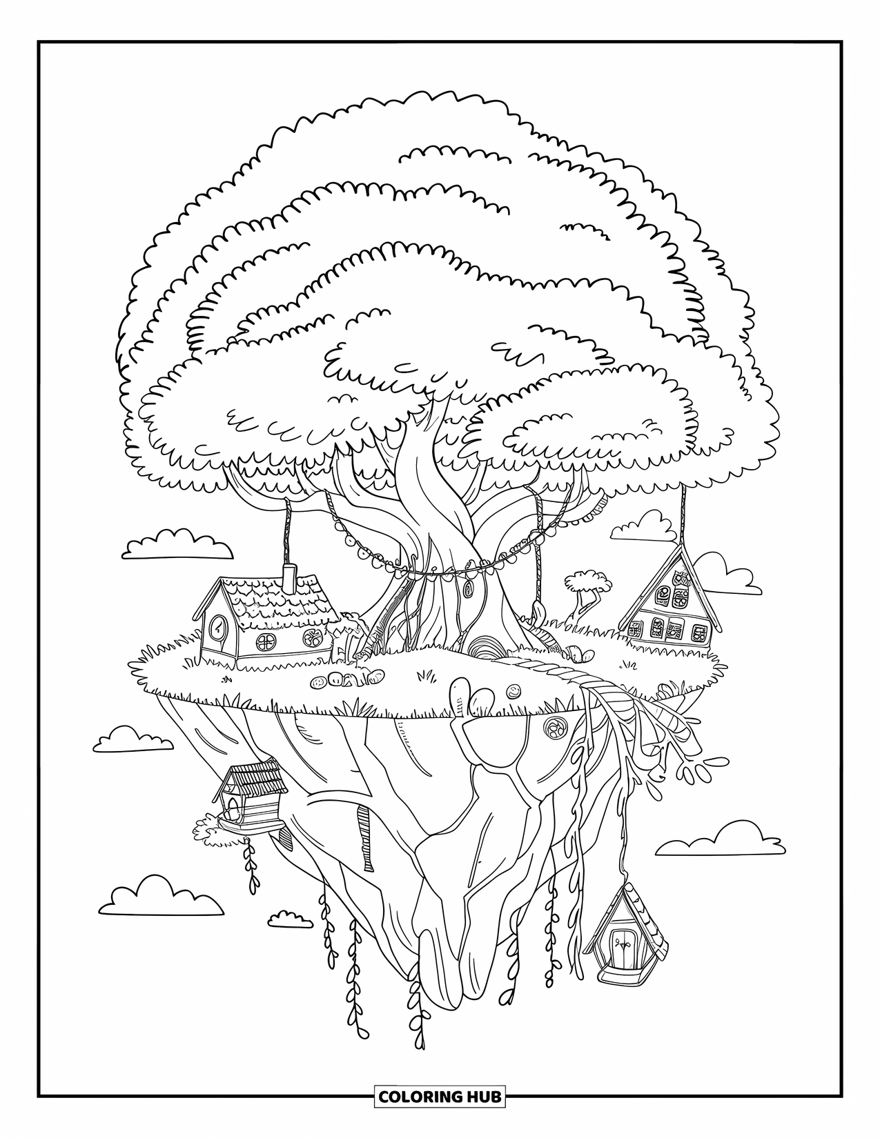 Desen de colorat cu copac pentru adulți: O insulă plutitoare cu un copac care crește pe ea, cu case mici și un pod între ramuri