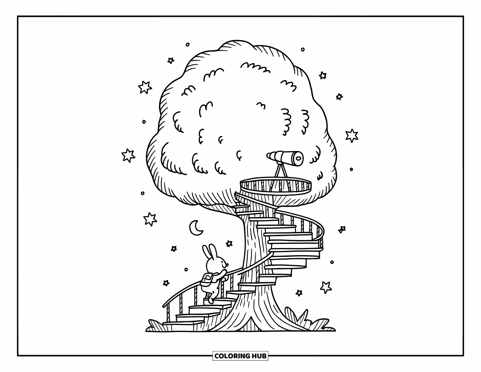 Desen de colorat cu copac pentru adulți: Un trunchi de copac pufos cu o scară spiralată, stele, luni și un iepuraș care urcă spre punctul de observație