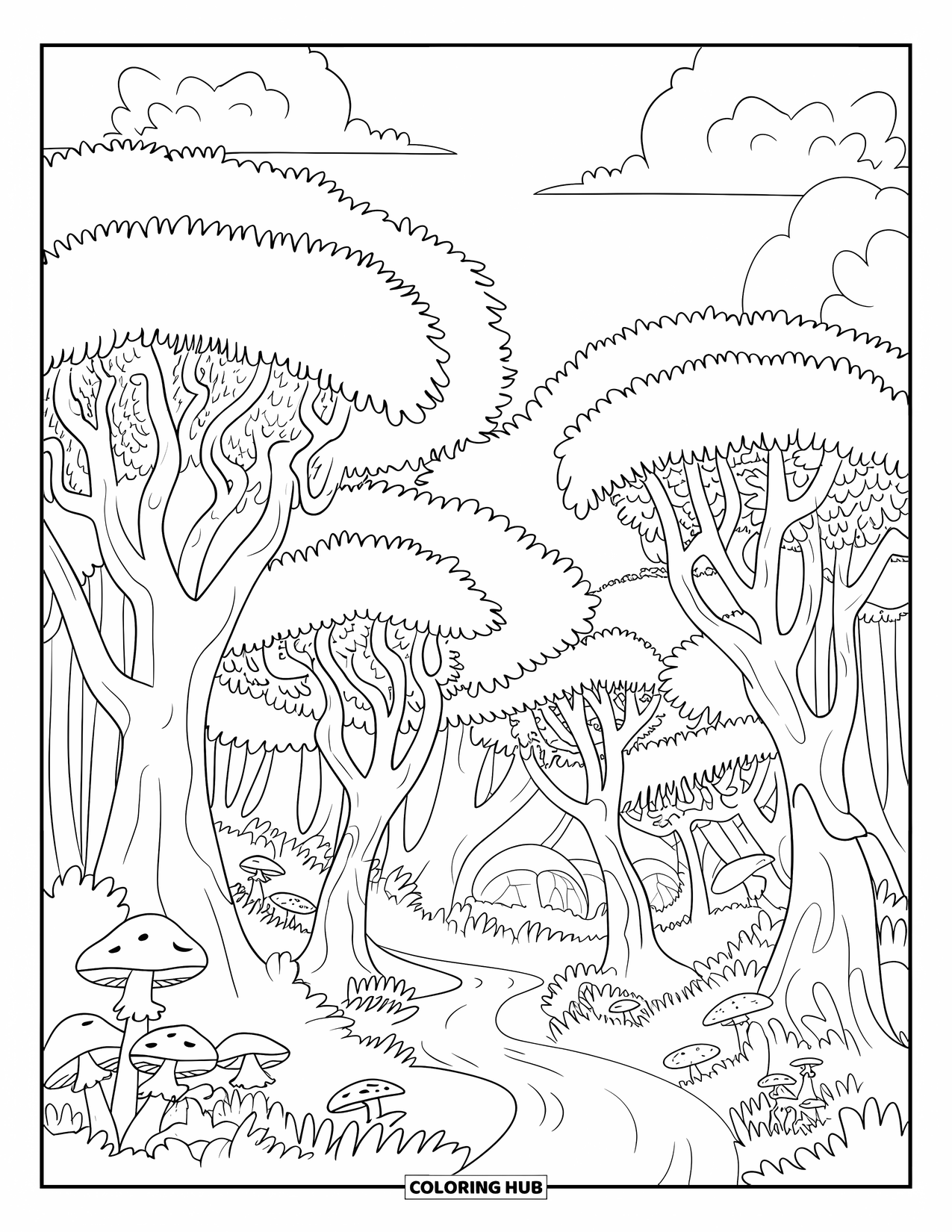 Desen de colorat cu copac pentru adulți: O scenă de pădure cu copaci înalți, o potecă șerpuită, ciuperci, stânci și un cer senin
