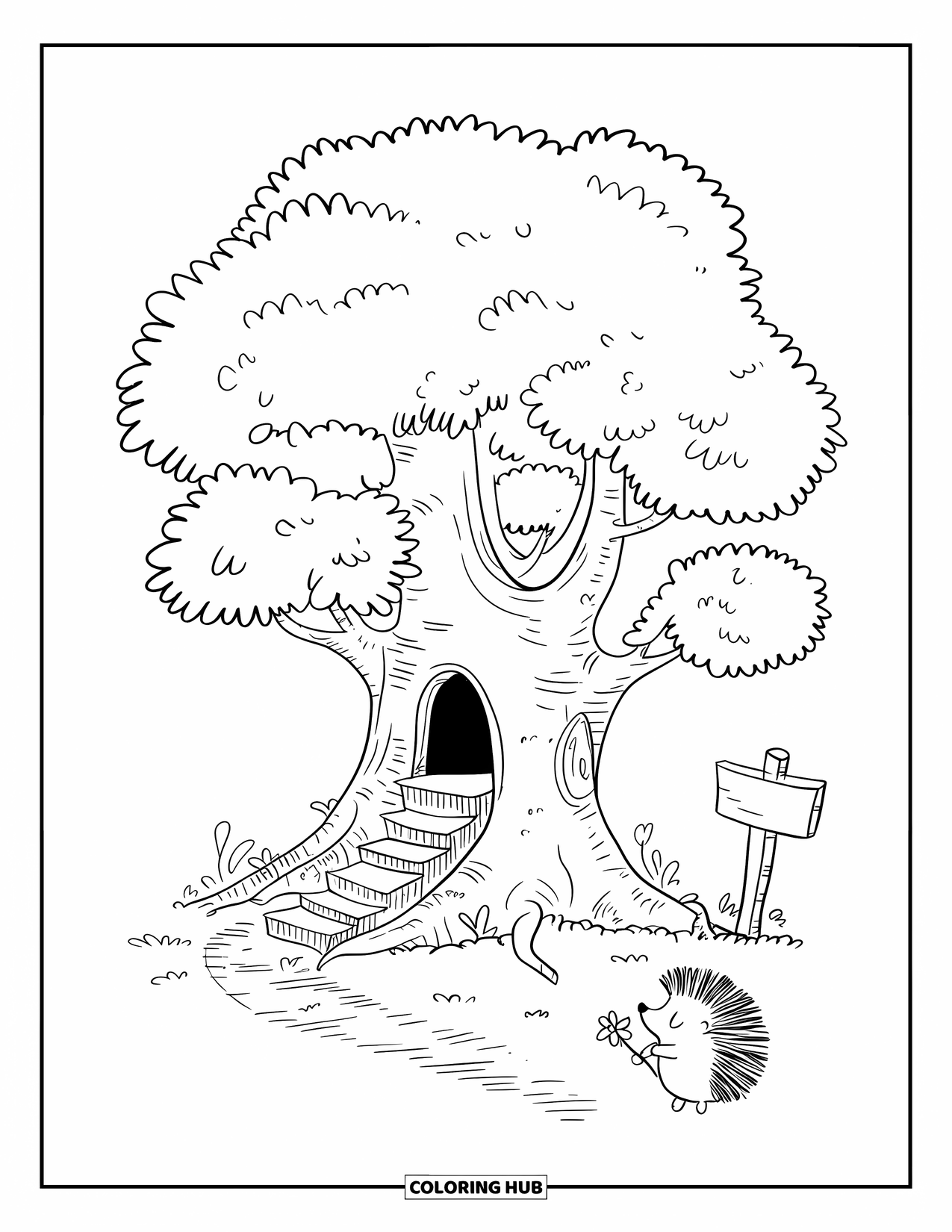 Desen de colorat cu copac pentru adulți: Un copac prietenos cu o ușă scobită, scări mici, un arici care duce o floare și un indicator în apropiere