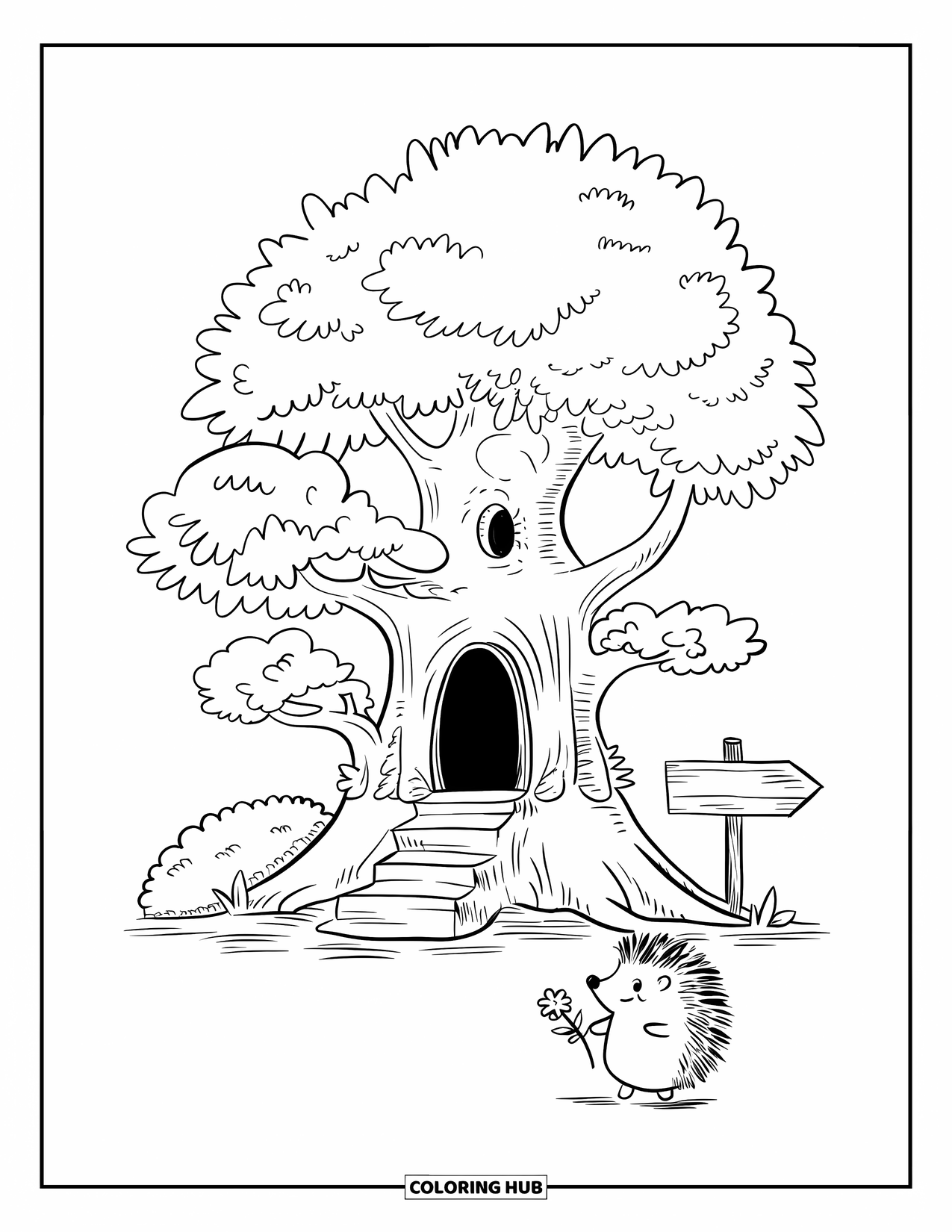 Desen de colorat cu copac pentru adulți: Un copac prietenos cu o ușă goală, scări minuscule și un arici care se îndreaptă spre copac