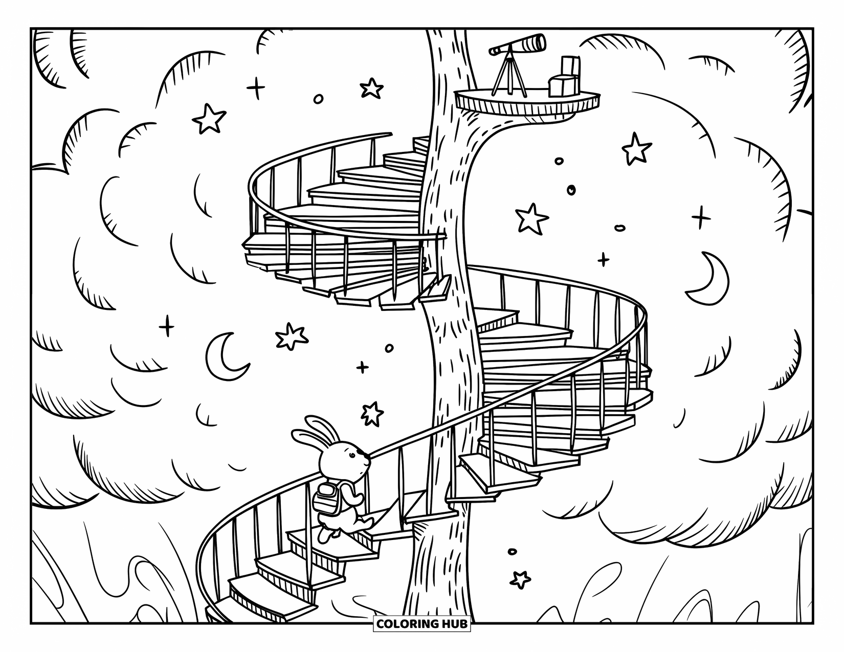 Desen de colorat cu copac pentru adulți: O scară spiralată în jurul unui trunchi de copac pufos, care duce la o platformă de observație cu un iepuraș care se cațără