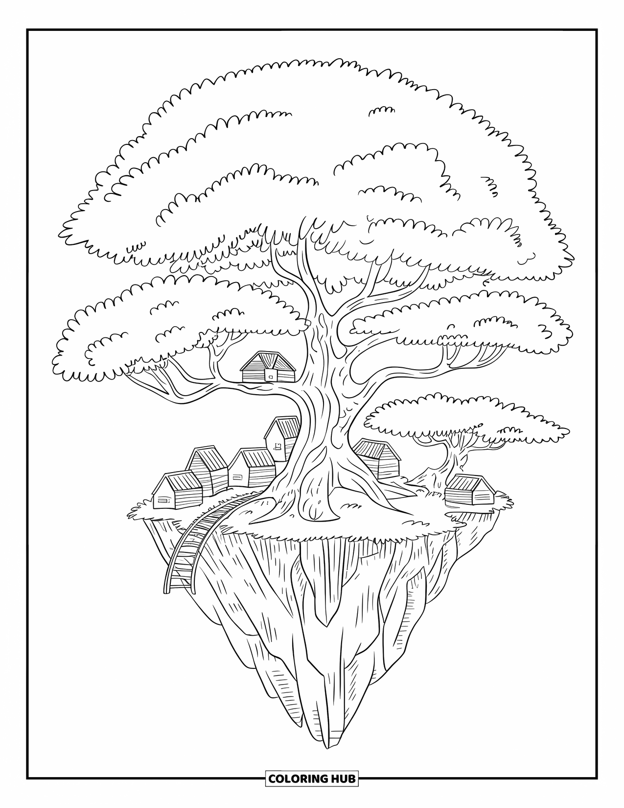 Desen de colorat cu copac pentru adulți: Un copac care crește pe o insulă plutitoare, cu case în ramuri și un pod în miniatură