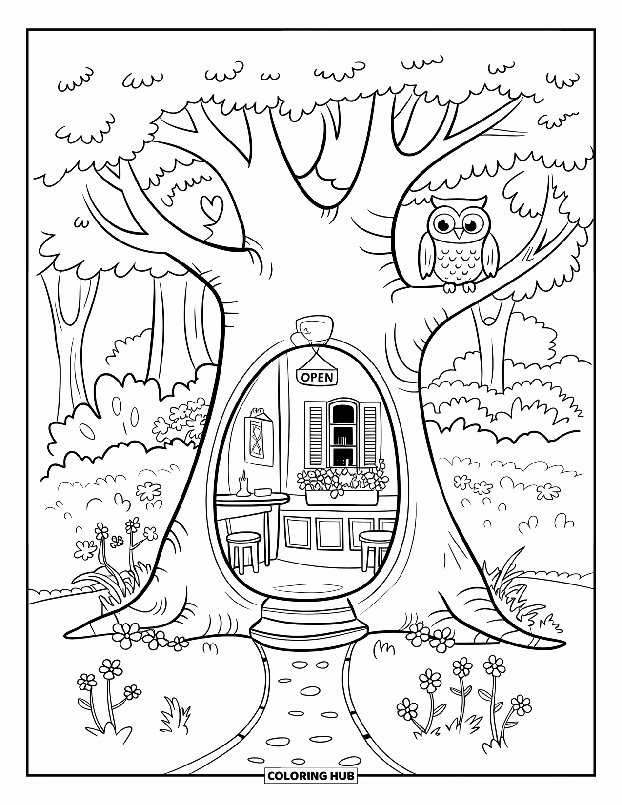 Desen de colorat cu copac pentru adulți: Un copac cu o cafenea în trunchiul gol, cu o potecă care duce spre el, înconjurat de o pădure