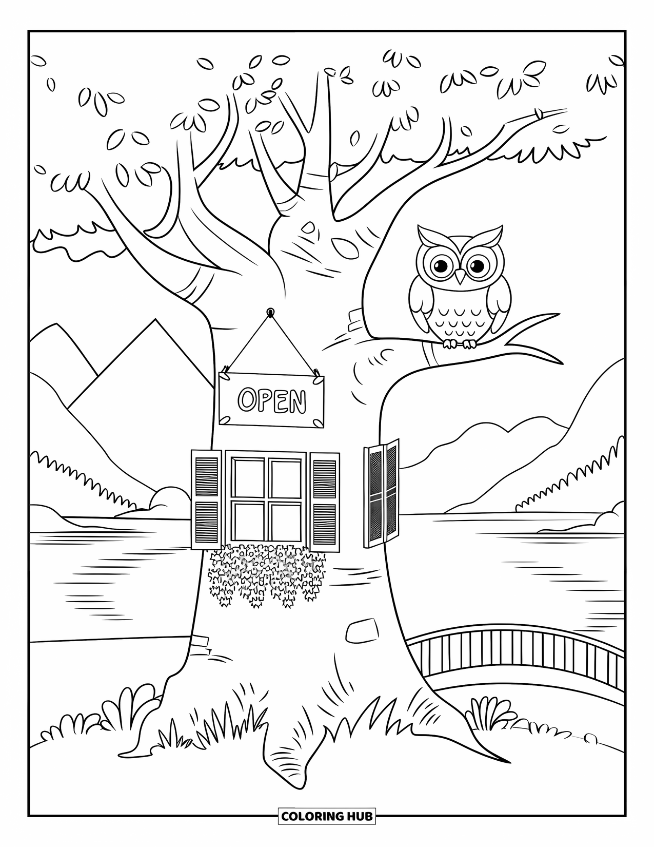 Desen de colorat cu copac pentru adulți: Un copac cu un trunchi gol transformat într-o cafenea, cu un peisaj pașnic și un pod