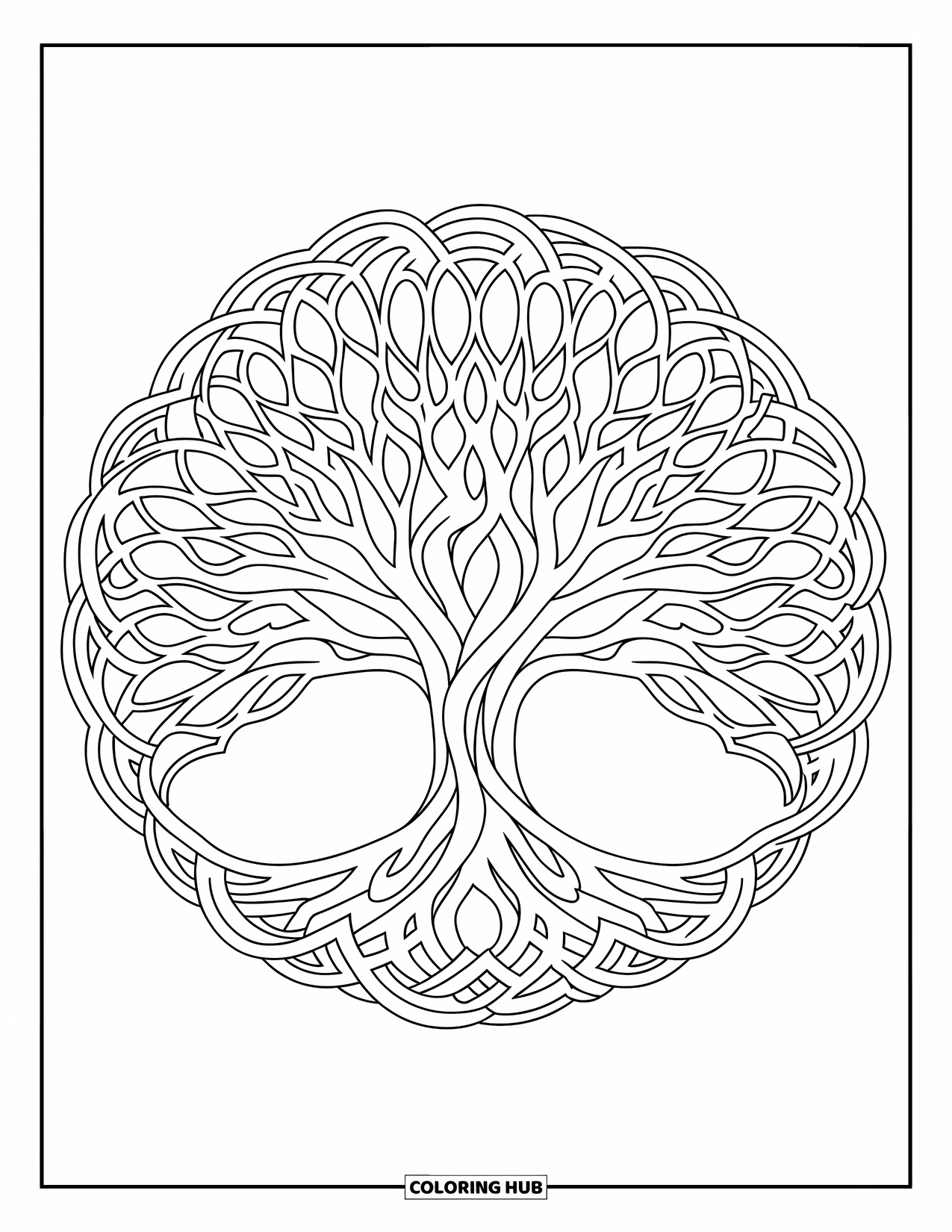Desen de colorat cu copac pentru adulți: Un copac cu ramuri care formează un baldachin circular asemănător unei mandale, cu ramuri împletite și fără frunze