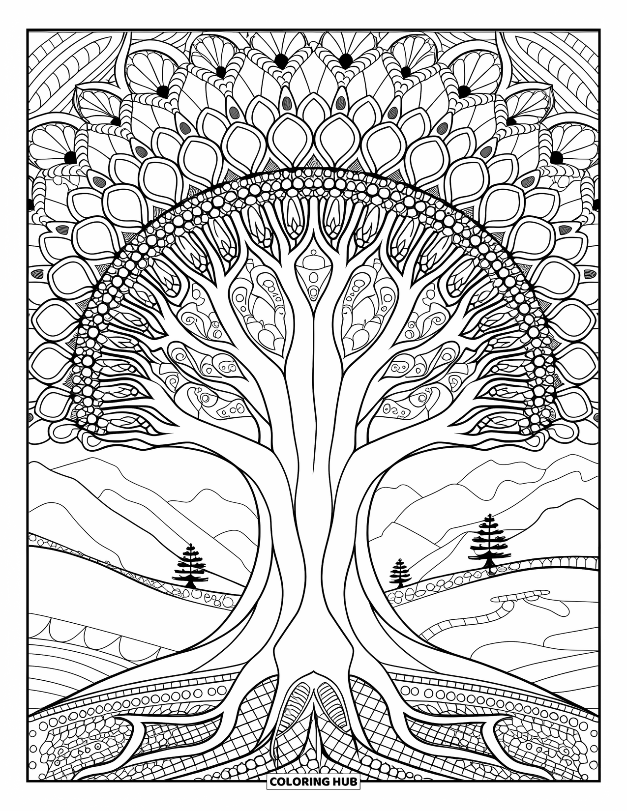 Desen de colorat cu copac pentru adulți: Un copac cu ramuri care formează un baldachin asemănător unei mandale, trunchi gros, pietre rotunde și un peisaj senin