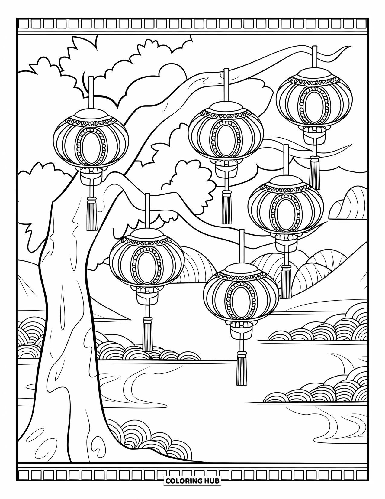 Desen de colorat cu copac pentru adulți: Un copac cu felinare atârnate, modele complicate și un peisaj senin cu un pod