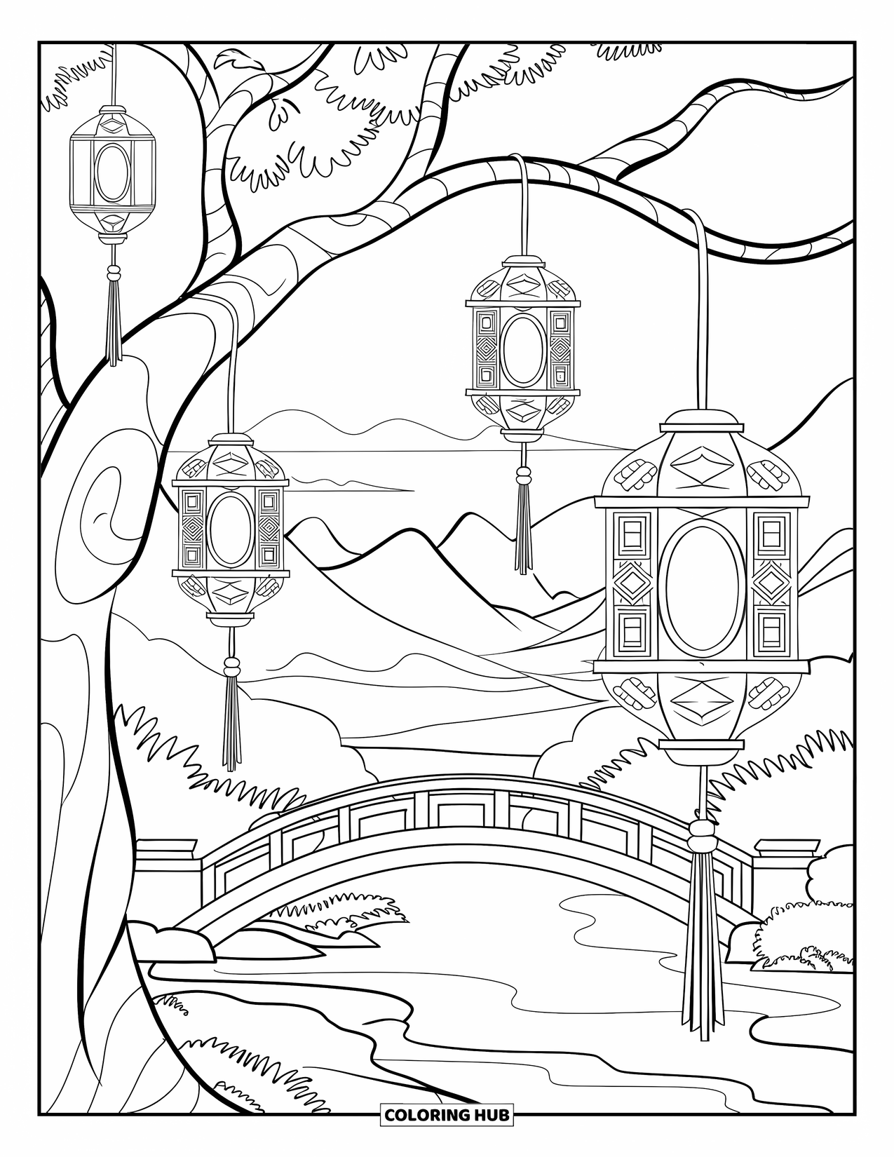 Desen de colorat cu copac pentru adulți: Un copac cu felinare atârnate, modele complicate și un cadru senin cu un râu și munți
