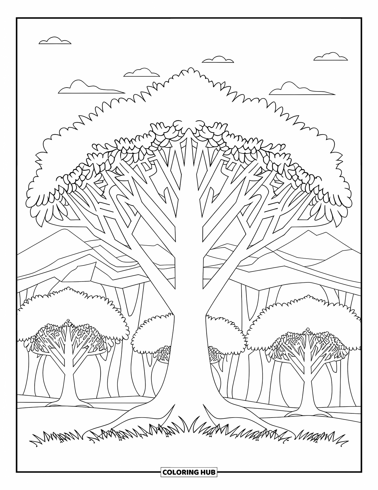 Desen de colorat cu copac pentru adulți: Un copac cu ramuri simetrice într-o pădure, cu munți și iarbă în fundal