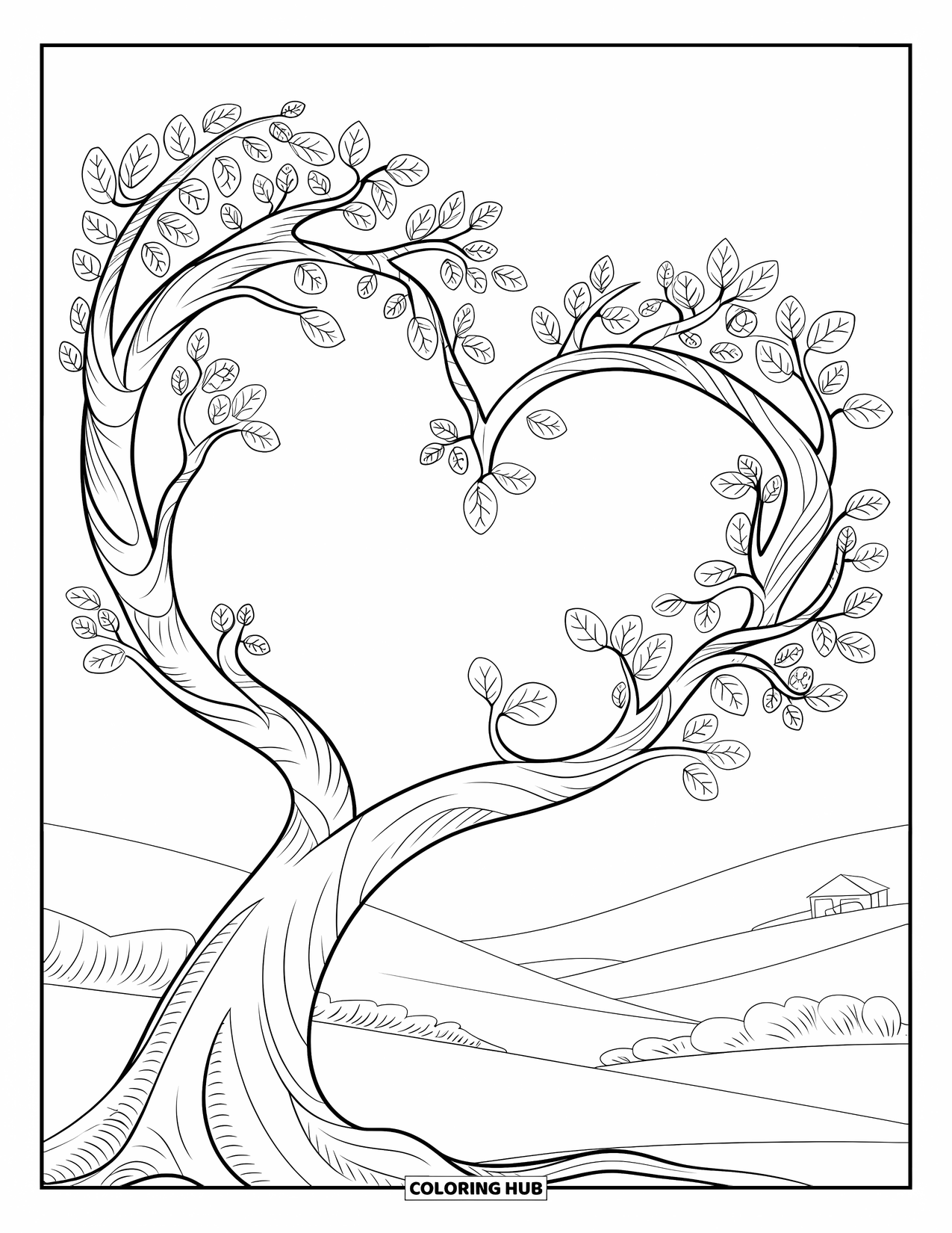 Desen de colorat cu copac pentru adulți: Un copac cu ramuri răsucite care formează modele în formă de inimă, frunze și un peisaj senin cu dealuri