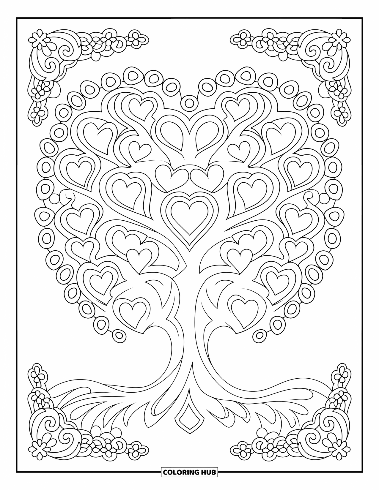 Desen de colorat cu copac pentru adulți: Un copac cu ramuri răsucite care formează modele în formă de inimă, înconjurat de o bordură decorativă
