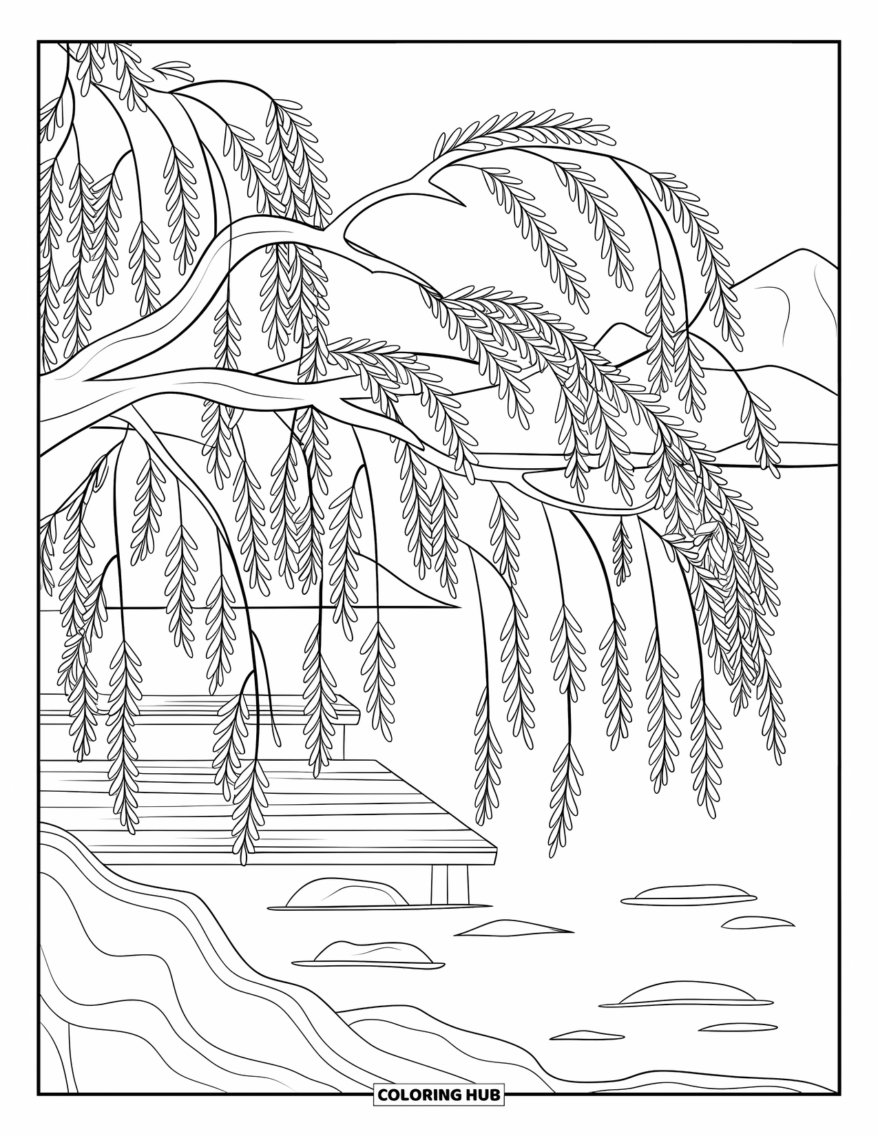 Desen de colorat cu copac pentru adulți: Un salcie cu ramuri curgătoare, frunze conturate, lângă apă cu stânci și un doc de lemn