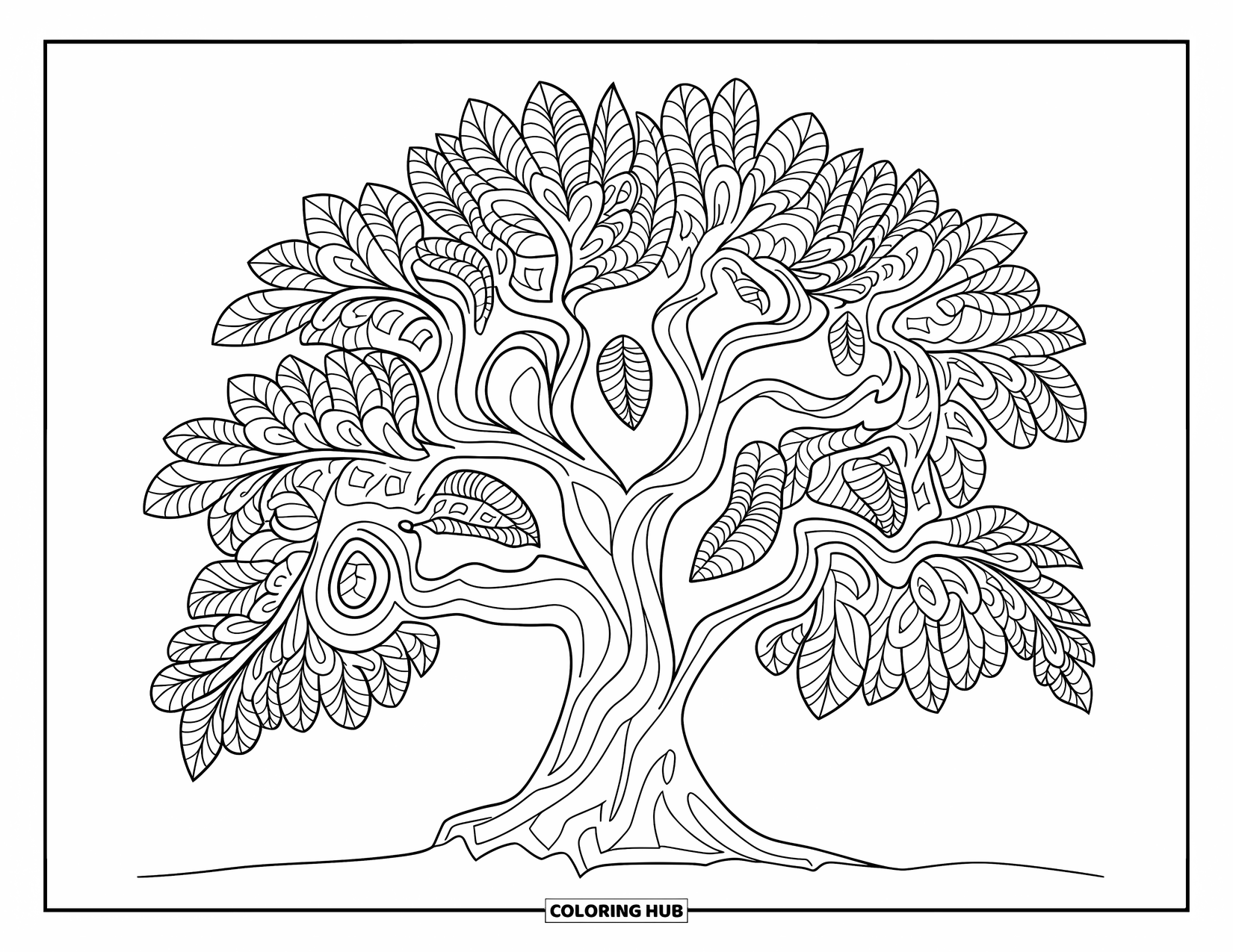 Desen de colorat cu copac pentru adulți: Un stejar cu scoarță detaliată și frunze în stil mandala, oferind un design relaxant