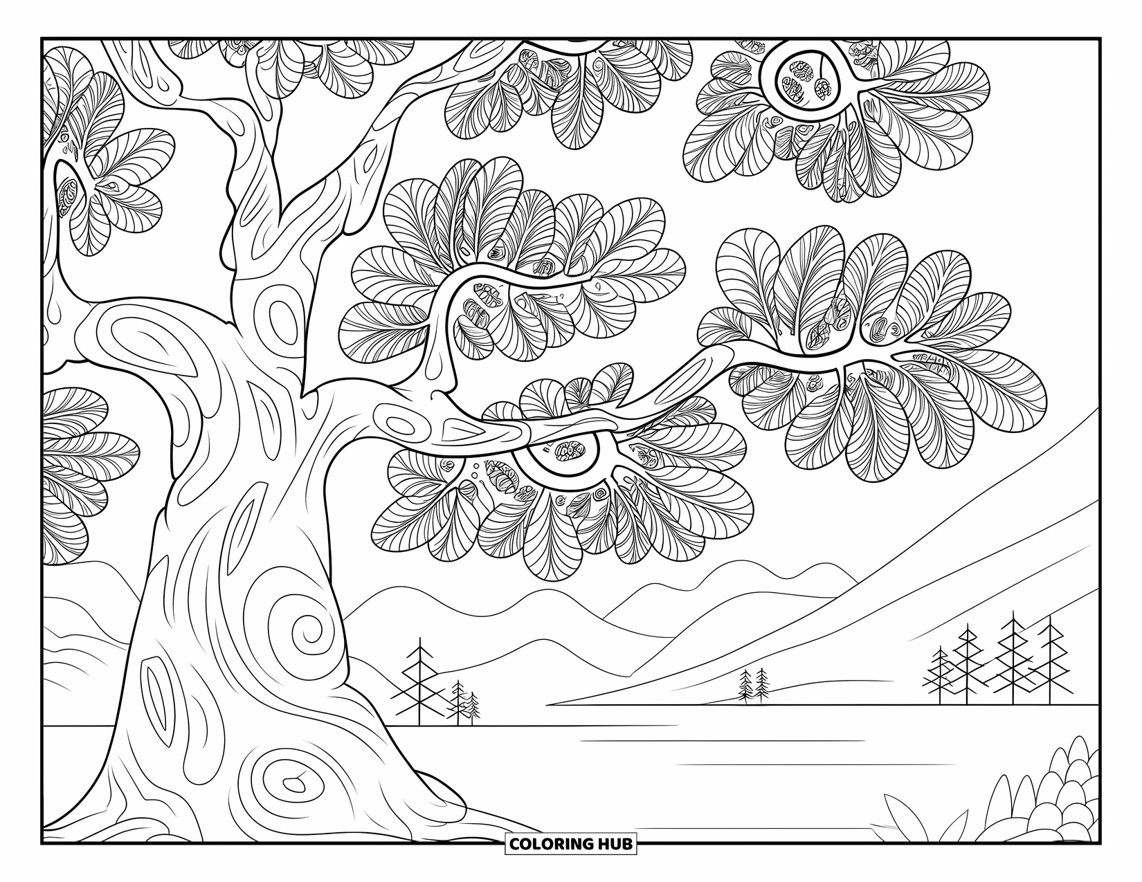 Desen de colorat cu copac pentru adulți: Un stejar cu frunze în stil mandala, scoarță texturată și un peisaj senin cu apă