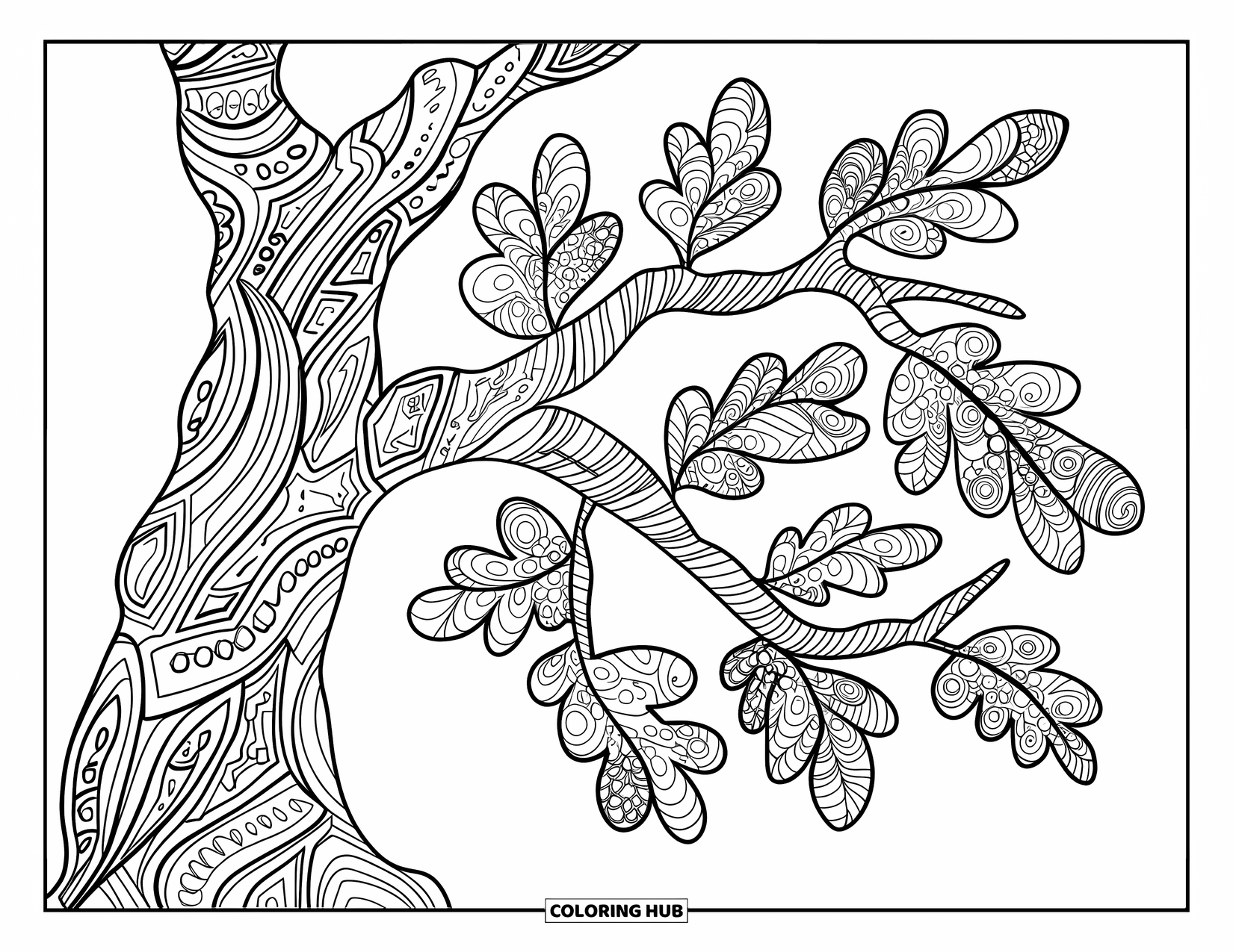 Desen de colorat cu copac pentru adulți: Un stejar cu frunze în stil mandala, scoarță texturată și contururi îndrăznețe și curate