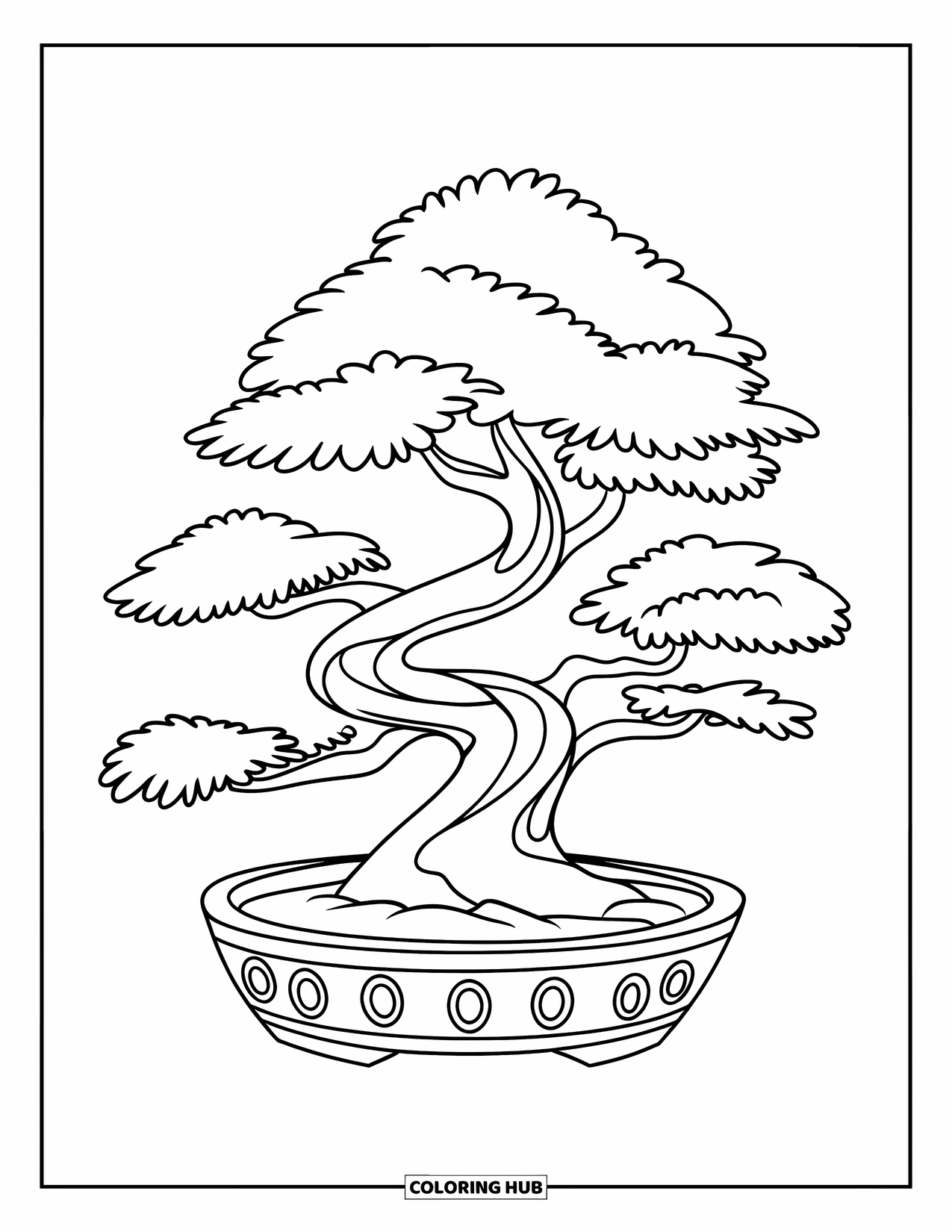 Desen de colorat cu copac pentru copii: Un bonsai într-un ghiveci mic cu frunze, marcaje decorative și un design simplu