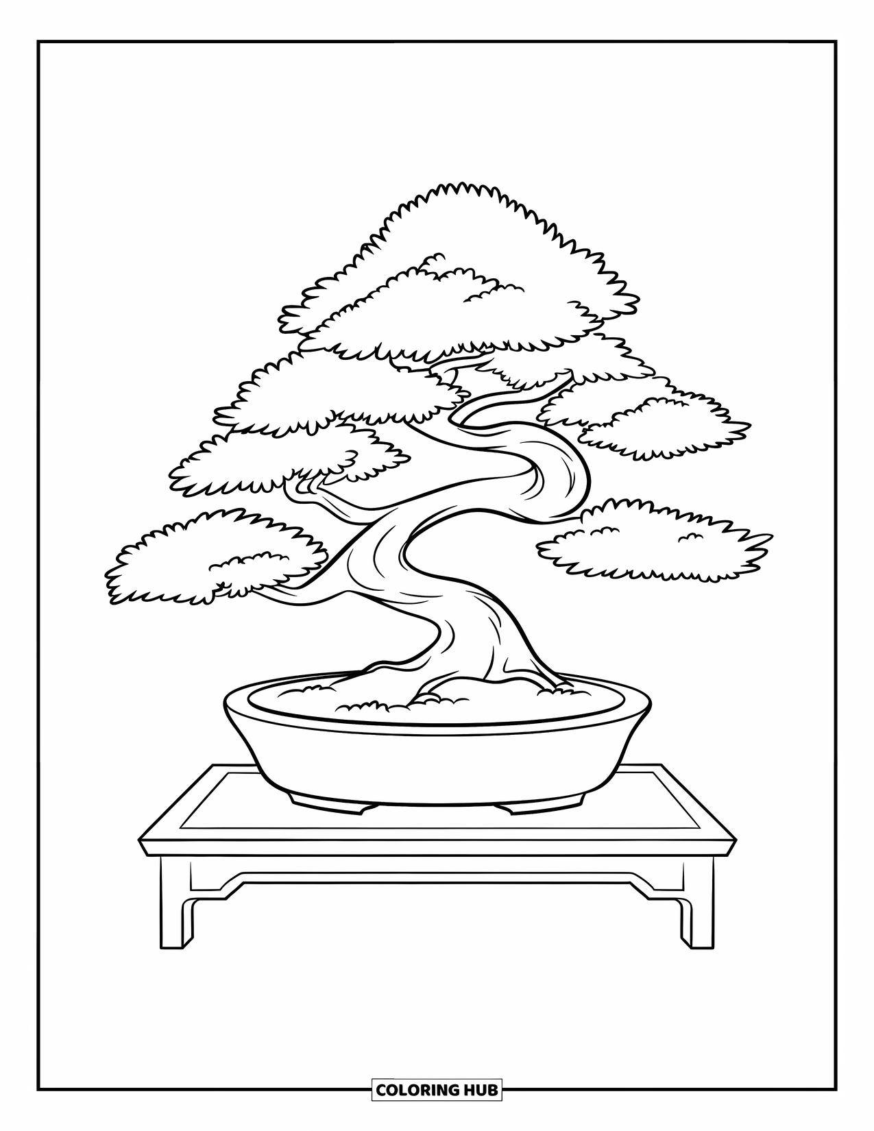 Desen de colorat cu copac pentru copii: Un bonsai într-un ghiveci mic, cu ramuri netede și simple pe un suport de lemn