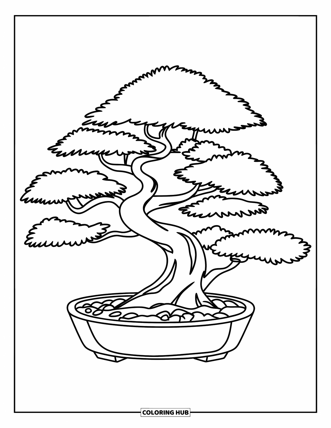 Desen de colorat cu copac pentru copii: Un bonsai cu ramuri netede într-un ghiveci mic, cu pietricele în partea de jos