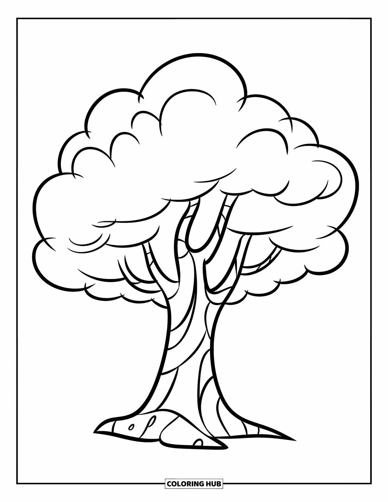 Desen de colorat cu copac pentru copii: Un copac de desene animate cu un trunchi robust și coroană pufoasă ca un nor, cu secțiuni ușor de colorat