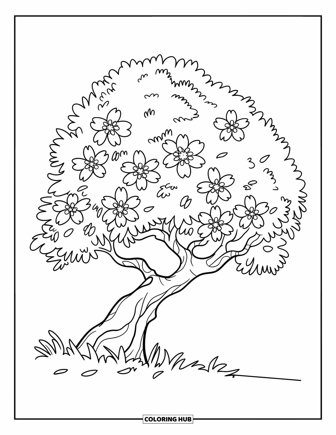 Desen de colorat cu copac pentru copii: Un cireș înflorit cu flori circulare și petale împrăștiate pe pământ