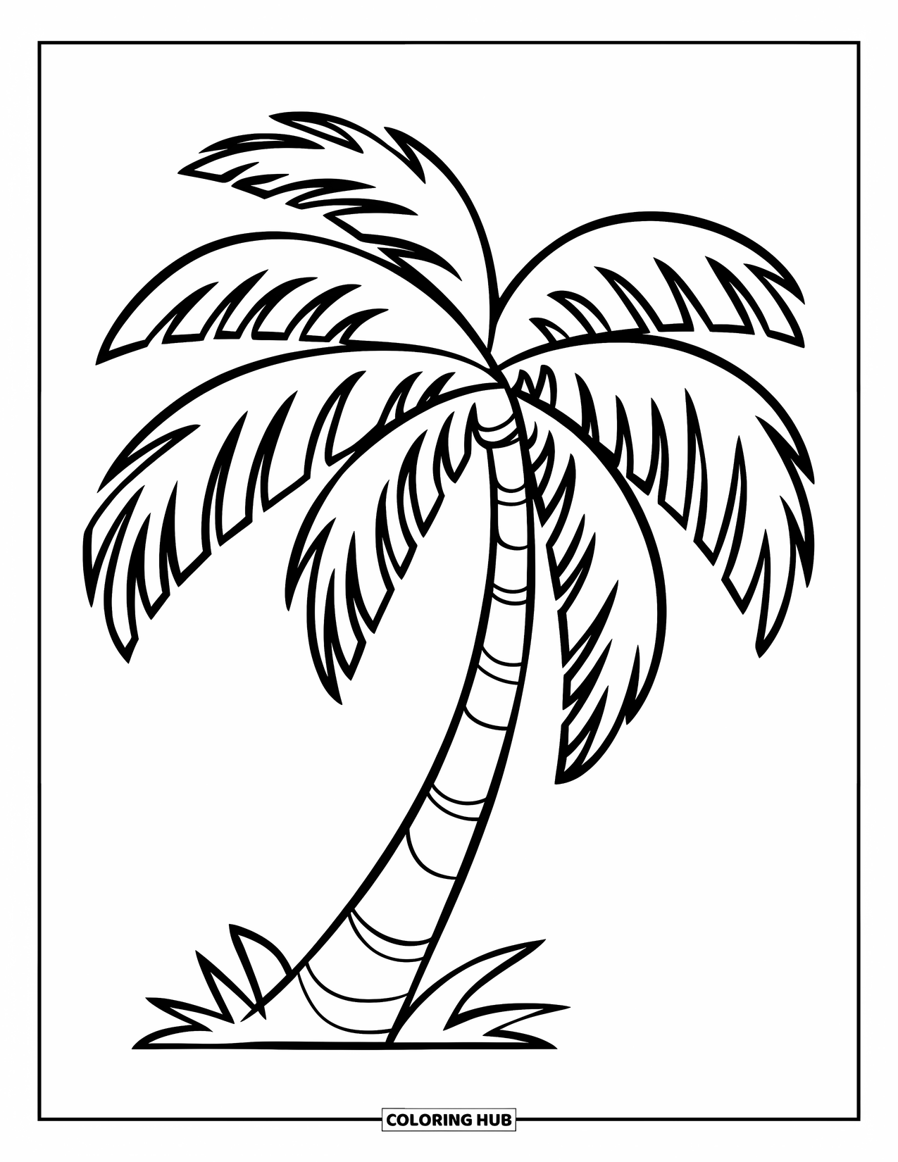 Desen de colorat cu copac pentru copii: Un palmier cu un trunchi curbat și frunze ușor de colorat, pe un fundal alb