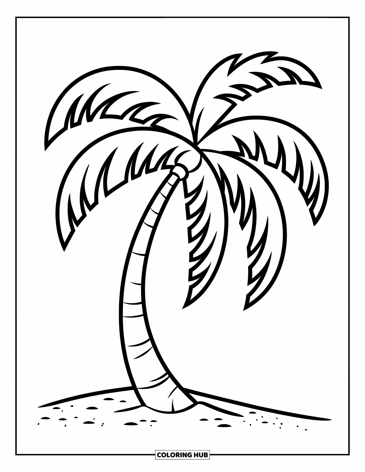 Desen de colorat cu copac pentru copii: Un palmier cu un trunchi curbat și frunze mari, așezat pe o plajă nisipoasă