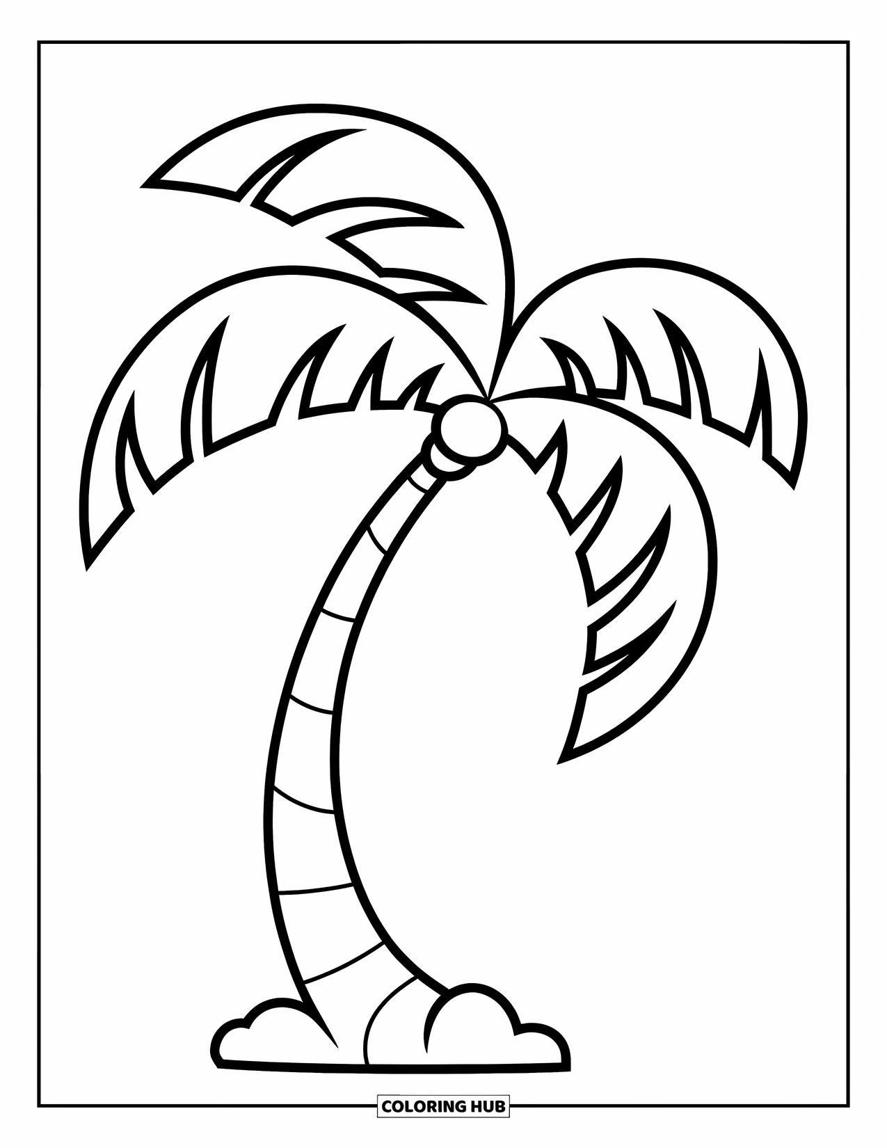 Desen de colorat cu copac pentru copii: Un palmier cu un trunchi curbat și frunze mari, cu o vibrație jucăușă
