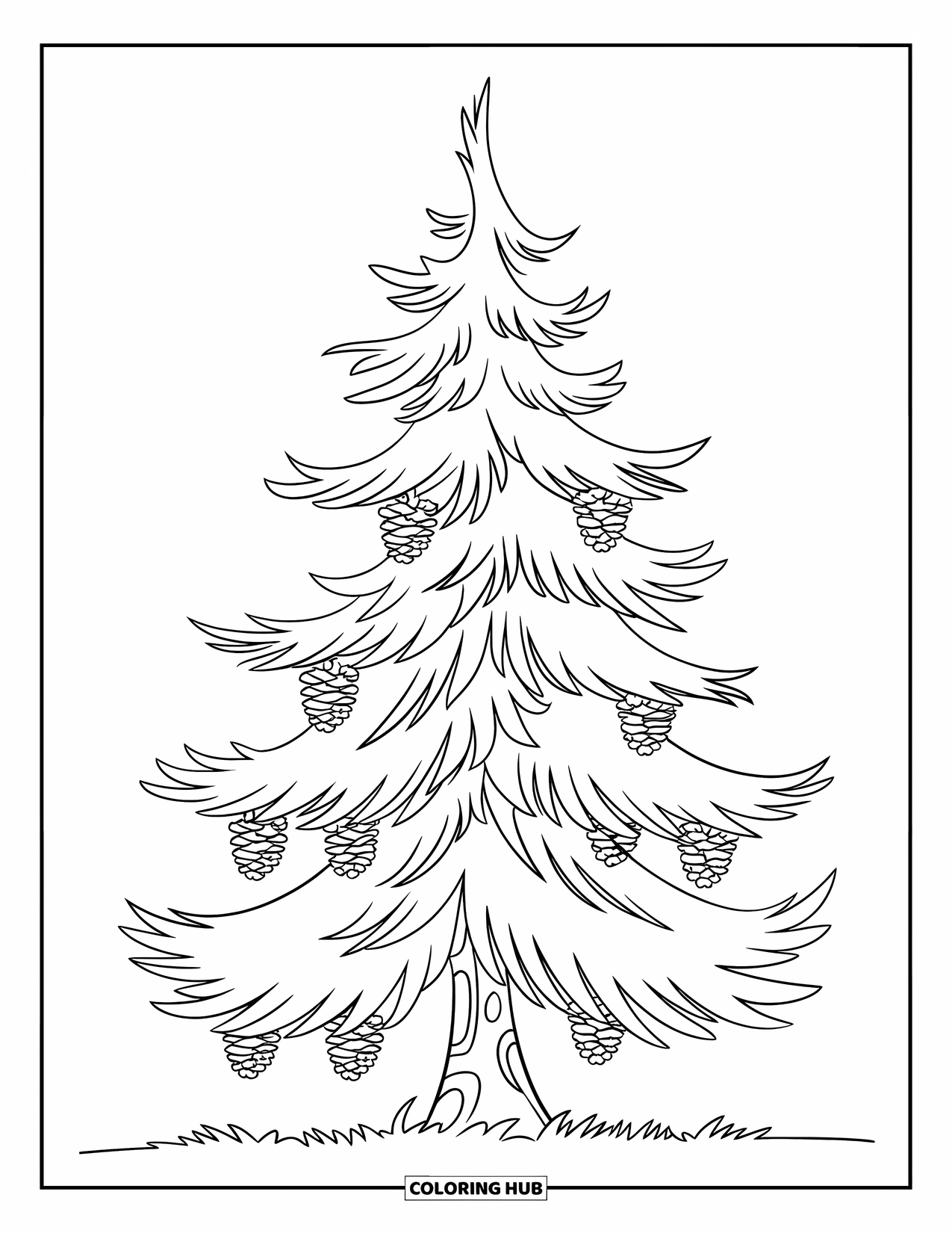 Desen de colorat cu copac pentru copii: Un pin cu ramuri stratificate și conuri de pin atârnate de ele
