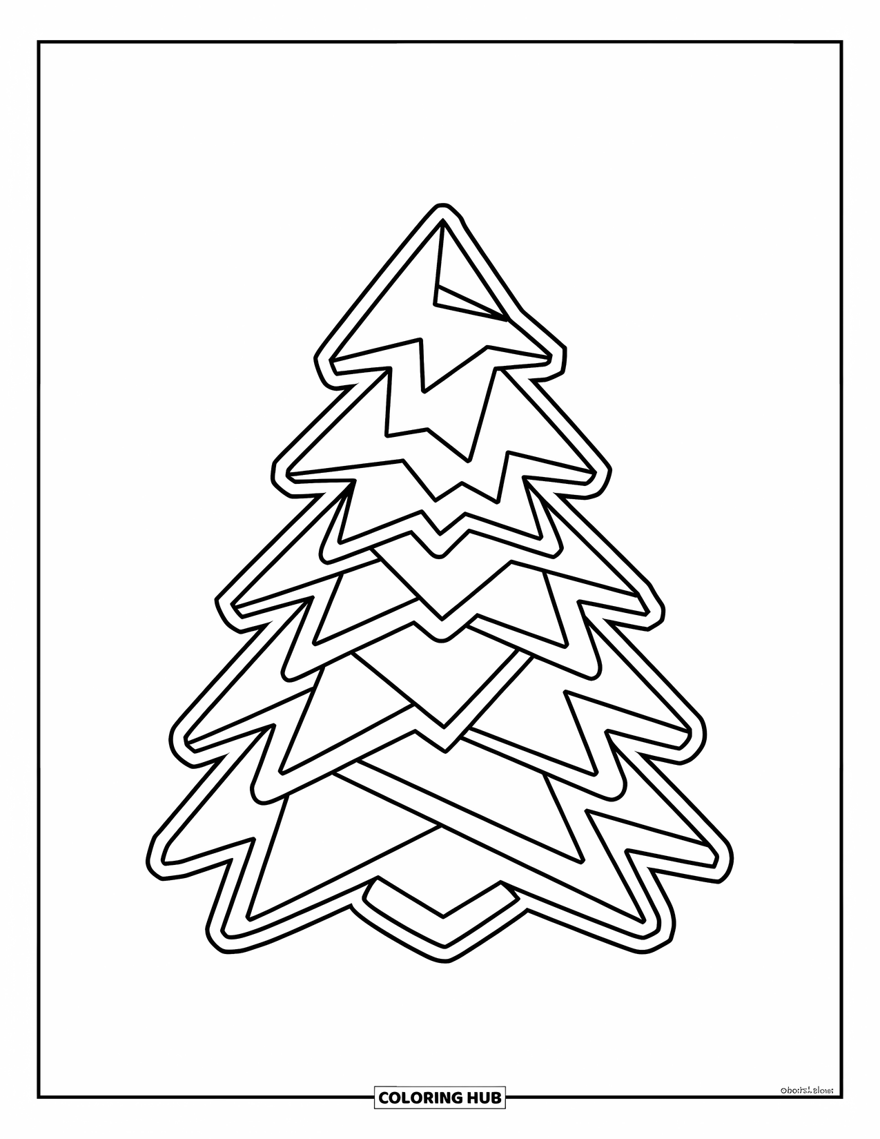 Desen de colorat cu copac pentru copii: Un pin mic cu straturi triunghiulare, conturat pentru colorare ușoară pe un fundal alb