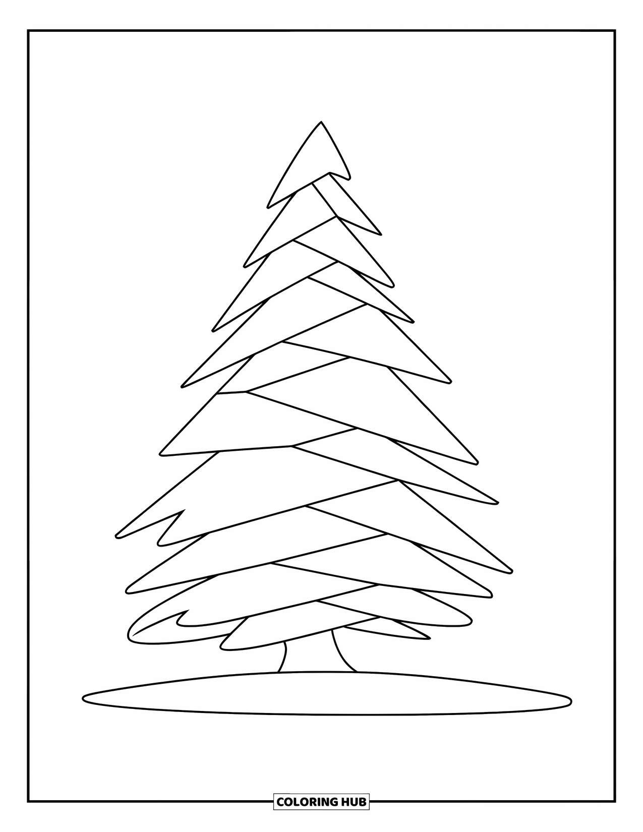 Desen de colorat cu copac pentru copii: Un pin mic cu straturi triunghiulare, așezat pe un teren verde, conturat pentru colorat