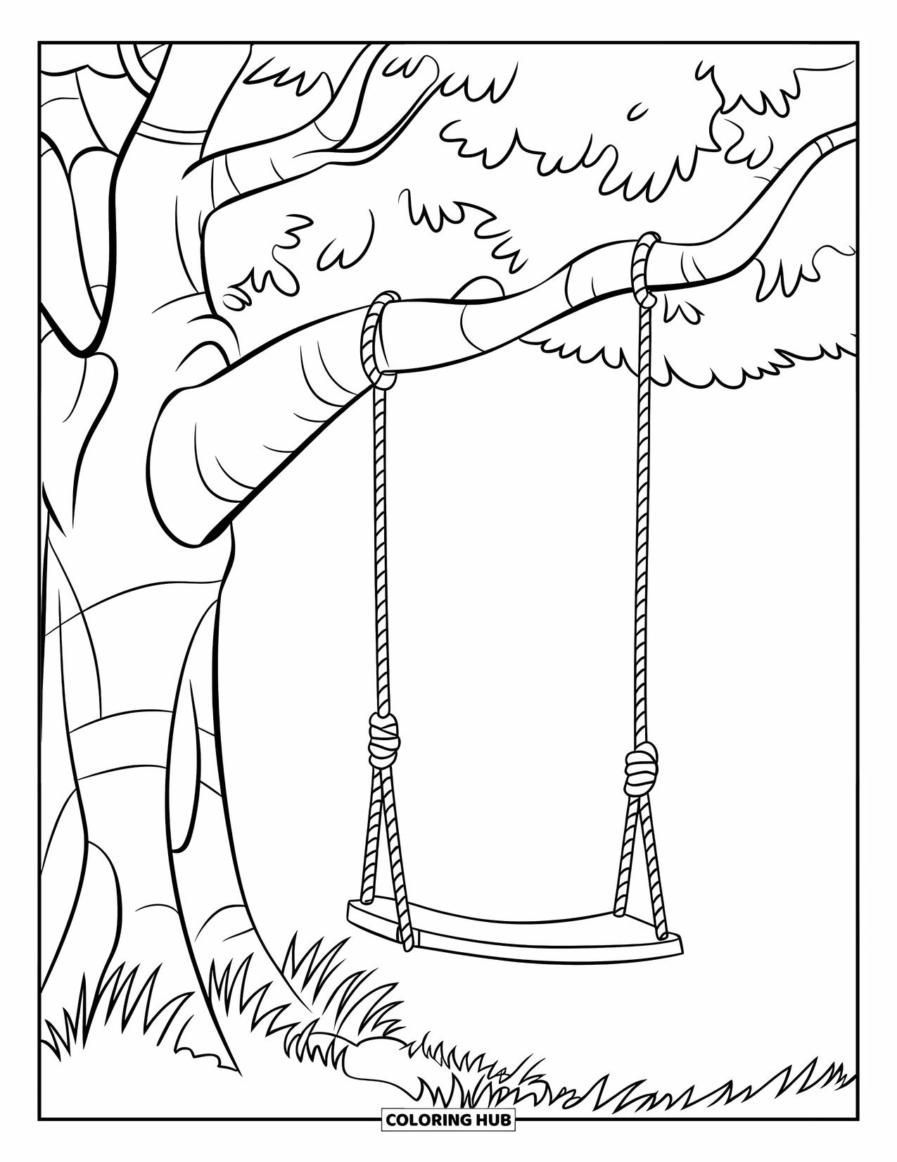 Desen de colorat cu copac pentru copii: Un copac cu un leagăn de frânghie, trunchi mare și iarbă verde fără alte elemente