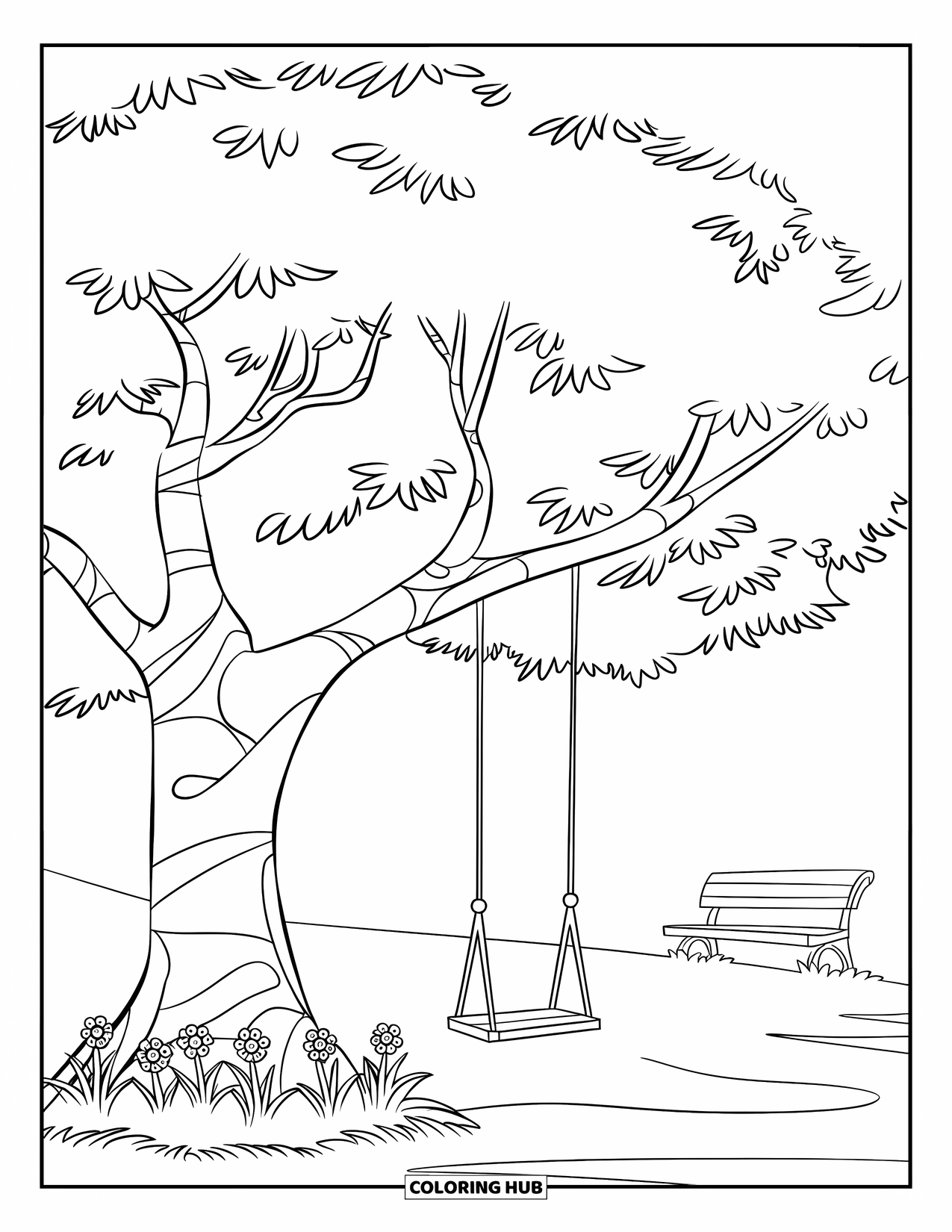Desen de colorat cu copac pentru copii: Un copac cu un mic leagăn, flori și o bancă într-un câmp cu iarbă