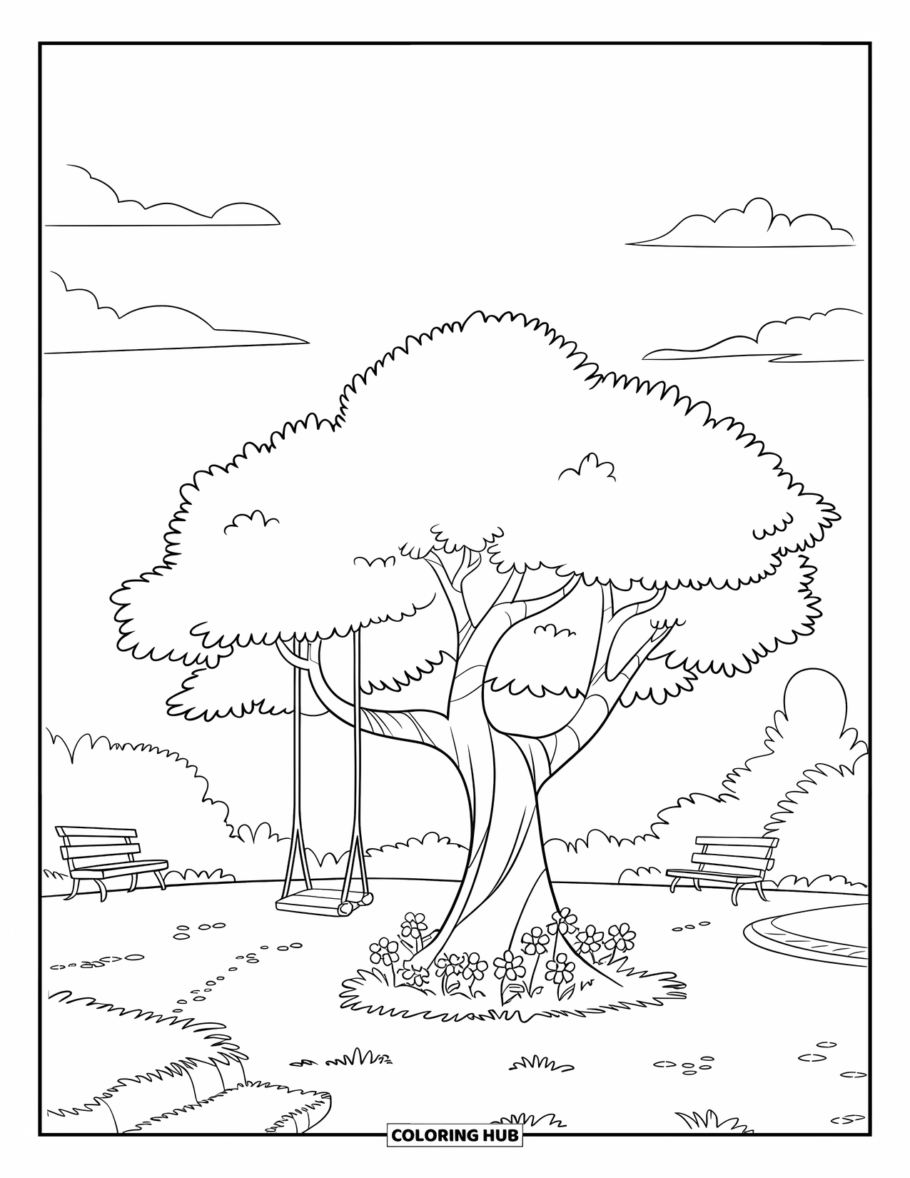 Desen de colorat cu copac pentru copii: Un copac cu un mic leagăn, flori și o potecă de parc în fundal