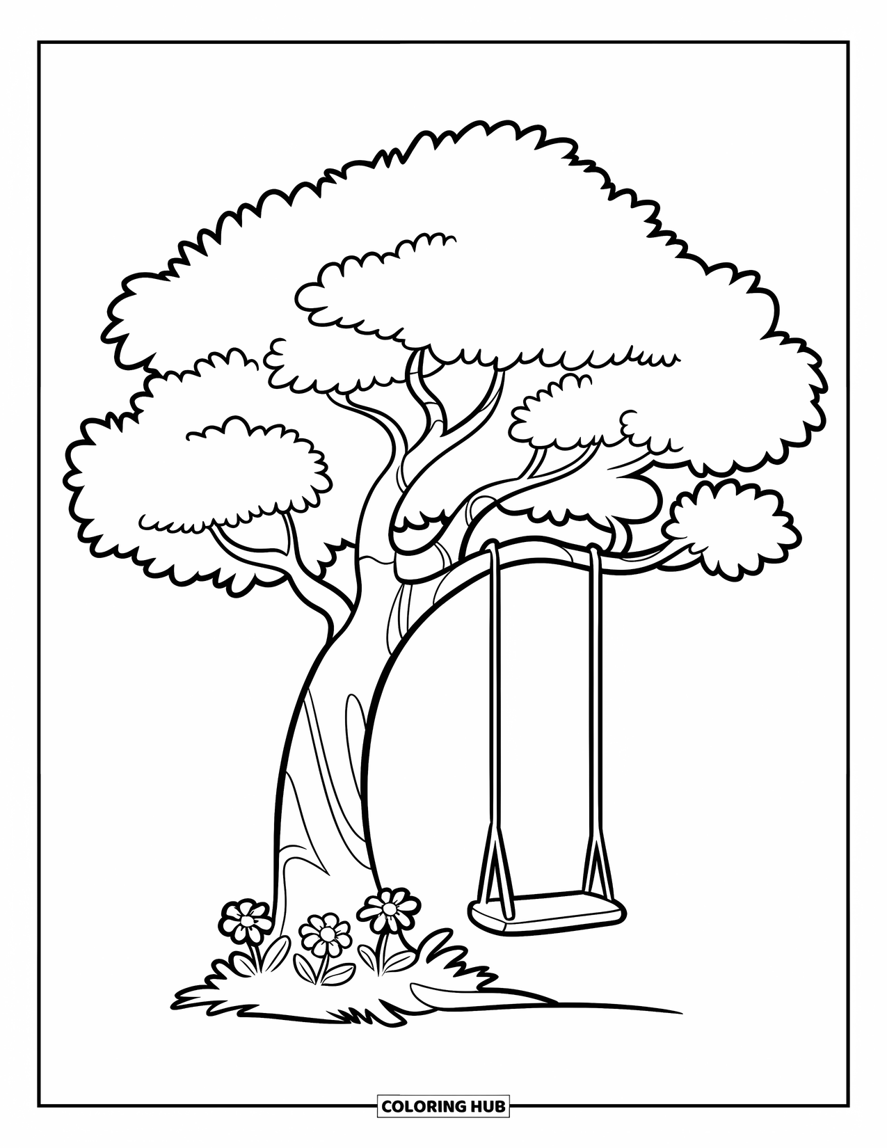 Desen de colorat cu copac pentru copii: Un copac cu un mic leagăn, flori și contururi curate într-un cadru simplu
