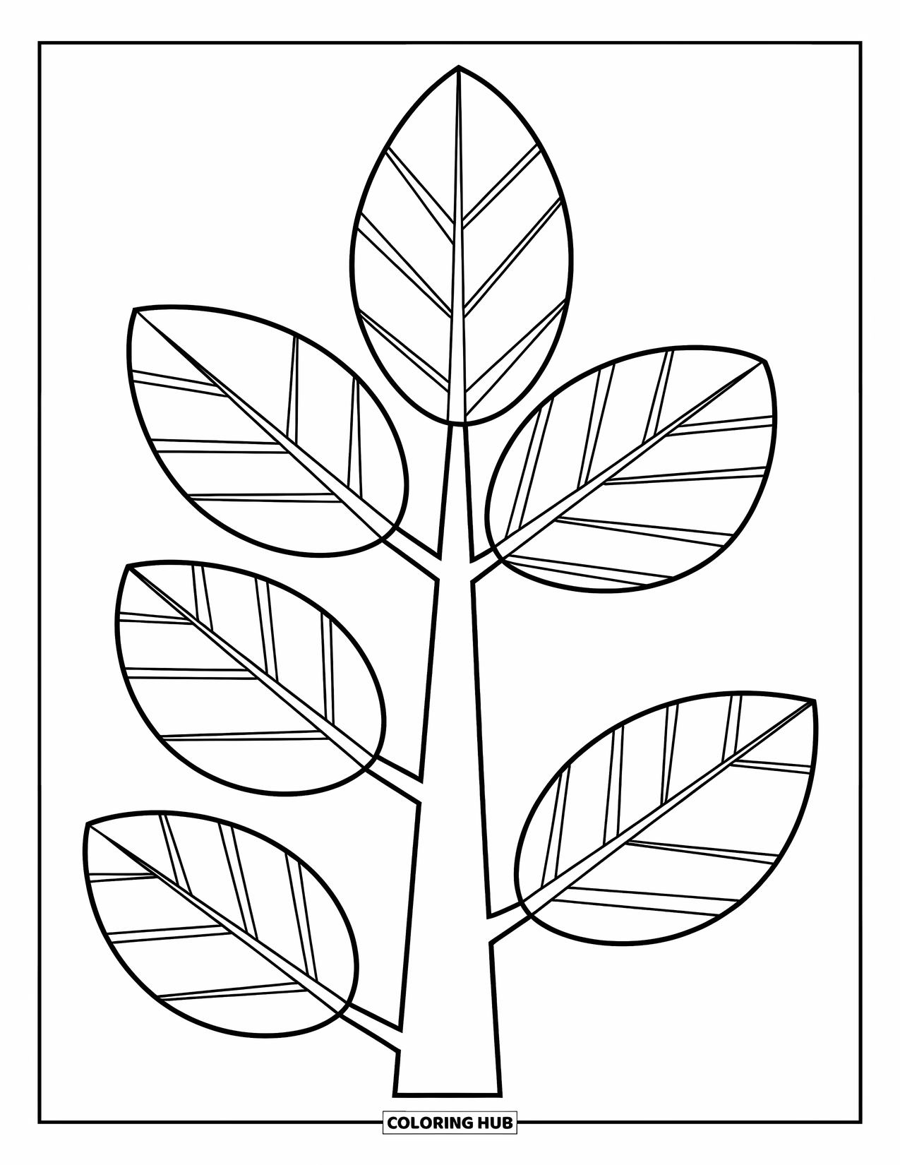 Desen de colorat cu copac pentru copii: Un copac cu cinci frunze mari, fiecare conturată pentru colorare ușoară, cu o vibrație jucăușă