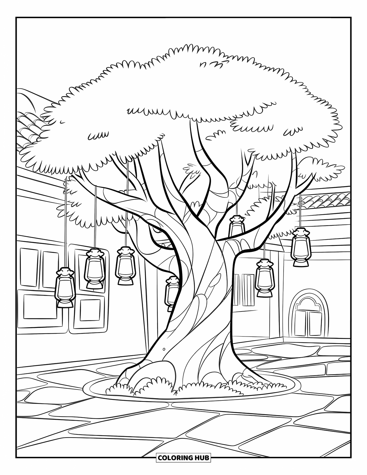 Desen de colorat cu copac pentru copii: Un copac cu felinare atârnate pe ramurile sale, amplasat într-o curte cu o potecă de piatră